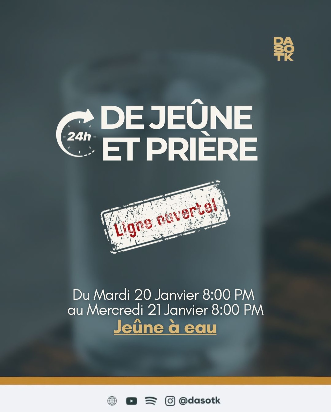 24 heures de jeûne, de louange et de Prière. Mardi 20 janvier, 8h pm au Mercredi 21 Janvier 8h pm. Une ligne de prière restera ouverte pendant les 24 heures pour tous ceux qui souhaitent se joindre à nous à n’importe quel moment selon leur besoin.
L’enseignement du Mercredi aura lieu comme d’habitude a 6:30 PM sur le même lien.
Venez vous connecter à Dieu, vous renouveler spirituellement et intercédons ensemble 🙏🏽
Lien zoom: https://us02web.zoom.us/j/84221752658?pwd=aHNQUndMMDBXTldkN09MVEVhd3pDZz09