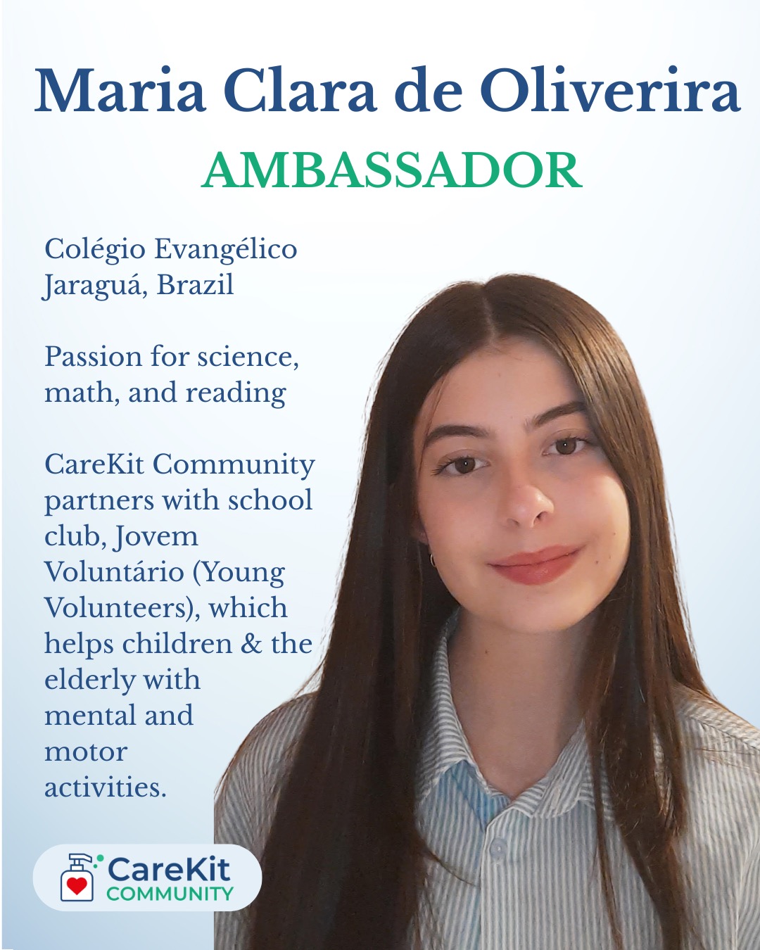 Introducing Maria Clara de Oliverira as our Ambassador in Brazil! #nonprofitlife #students #hygiene #volunteer #volunteering #nonprofitsofinstagram #highschoolopportunities #leadershipdevelopment