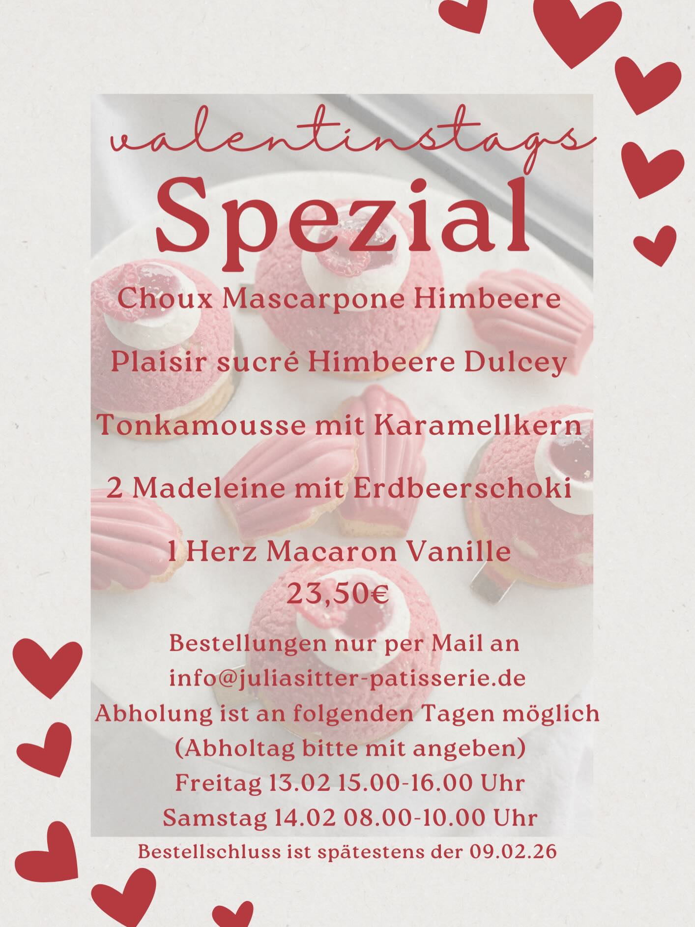 Juhu - die Valetinstagsbox ist ab sofort bestellbar.
Für alle die ihren Schatz eine kleine Freude machen möchten.
Ganz neu in diesem Jahr: Bento Cake Pistazien Himbeere Creme mit einem schönen Überraschungs Design. ♥️
Änderungen innerhalb der Box sind leider nicht möglich.
Bestellschluss ist der 09.02, sofern die Kapazitäten nicht vorher schon voll sind.
Alle wichtigen Infos zum bestellen findet ihr in den Bildern.
Abholung am Freitag 13.02 von 15.00-16.00 Uhr möglich oder Samstag 14.2 von 08.00-10.00 Uhr.
Bitte gebt euer Wunsch Abholdatum in der Mail mit an.
♥️♥️♥️
#valentinesday #sweetvalentine #valentinstag