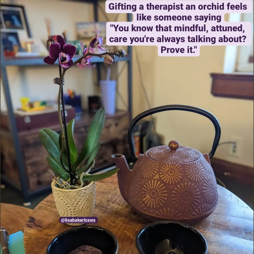 This lovely little mini-orchid was gifted to me by a colleague. I truly believe she believes I have the ability to keep this thing alive. With directions like "water with one ice cube per week" and "provide adequate sunlight but don't place in direct sunlight", I am 100% guaranteed to kill this plant.
Gonna do my best!
If you love a therapist in your life, please don't buy them an orchid.
#therapyfortherapists #therapy #therapyhumor #therapymemes #mentalhealthhumor #mentalhealthmeme #blackthumb #planttherapy #ifstherapy #internalfamilysystems #partswork