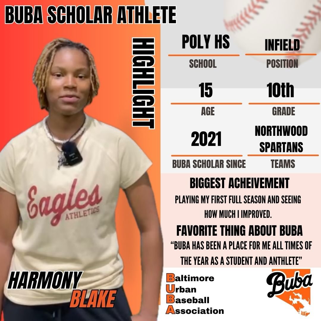 BUBA Scholar of the Week
Meet Harmony Blake 💪⚾️
A standout infield athlete from Poly HS and proud BUBA Scholar since 2021.
At just 15 years old and in the 10th grade, Harmony plays with the Northwood Spartans and continues to grow as a student, athlete, and leader. Her biggest achievement so far?
👉 Playing her first full season and seeing just how much she’s improved.
Leadership Spotlight 👏
Harmony was selected as a BUBA Scholars Ambassador, a role that recognizes her leadership, professionalism, and commitment to representing BUBA on and off the field. She was also chosen to interview MLB All-Star Adam Jones and the Mayor of Baltimore at our most recent Field of Futures event, in partnership with The Diamond Collective—an incredible opportunity and moment of growth.
Why Harmony loves BUBA:
“BUBA has been a place for me all times of the year as a student and athlete.”
We’re proud of the way you lead, compete, and represent BUBA, Harmony 🧡🖤
#BUBAScholarOfTheWeek #BUBA #BUBAScholars
#StudentAthlete #LeadershipInAction
FieldOfFutures DiamondCollective
GirlsInBaseball BaltimoreYouth