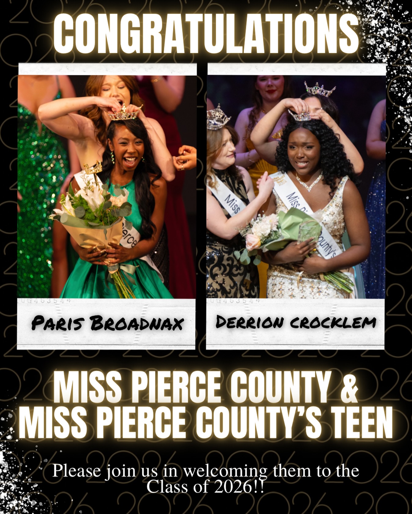 Congratulations to @parismoneh, Miss Pierce County 2026 and derrionminnie, Miss Pierce County’s Teen 2026! Both were crowned Saturday January 17th at Mt. Tahoma High School. Paris is the 100th anniversary Miss Pierce County! Welcome to the Class of 2026, ladies! #misspiercecounty #misswashington #missamerica