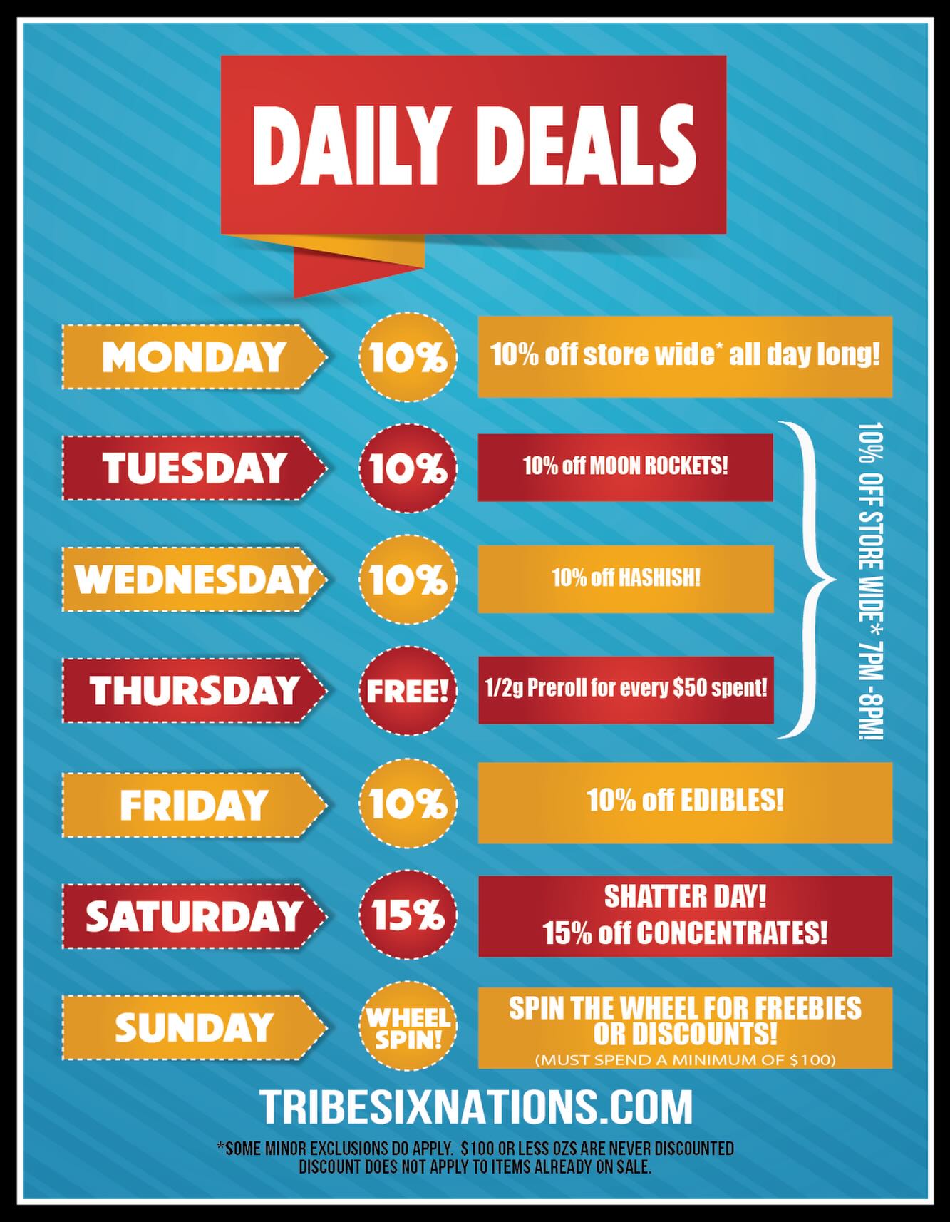 We’re starting new daily deals today!
Like Sunday when you can stop by for a chance to spin our new prize wheel! 🎰