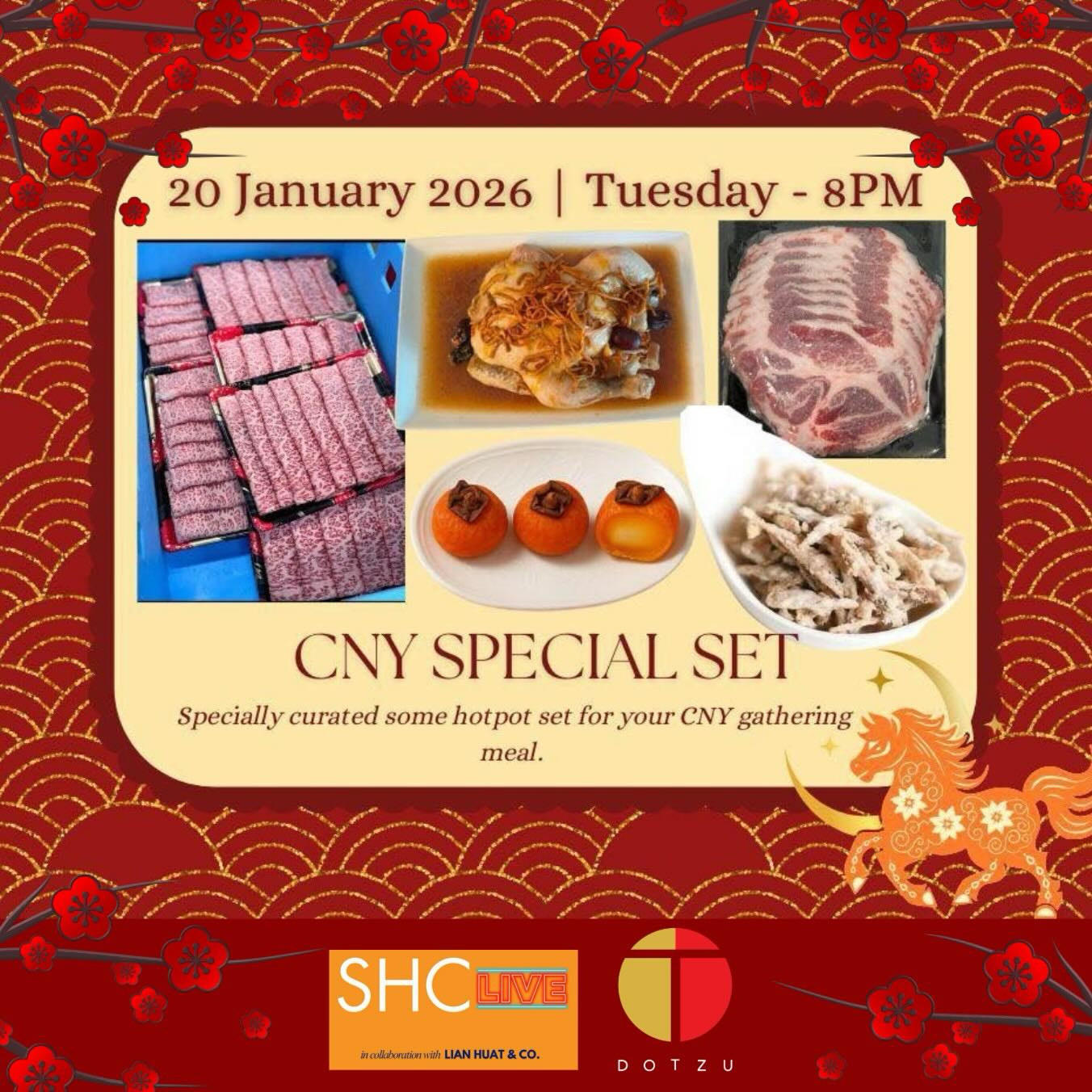 ✨🏮CNY countdown is ON🏮✨
Still planning your festive spread?
🔥 CNY-exclusive bundles & desserts now available!
✔ A5 Wagyu Shabu
✔ Burdock Cheese (crowd favourite!!!)
✔ Brand new CNY items
🎥 Live tonight on SHC — special deals you won’t get elsewhere!
👉 Join us:
https://www.facebook.com/share/p/1aFQF6MC27/?mibextid=wwXIfr