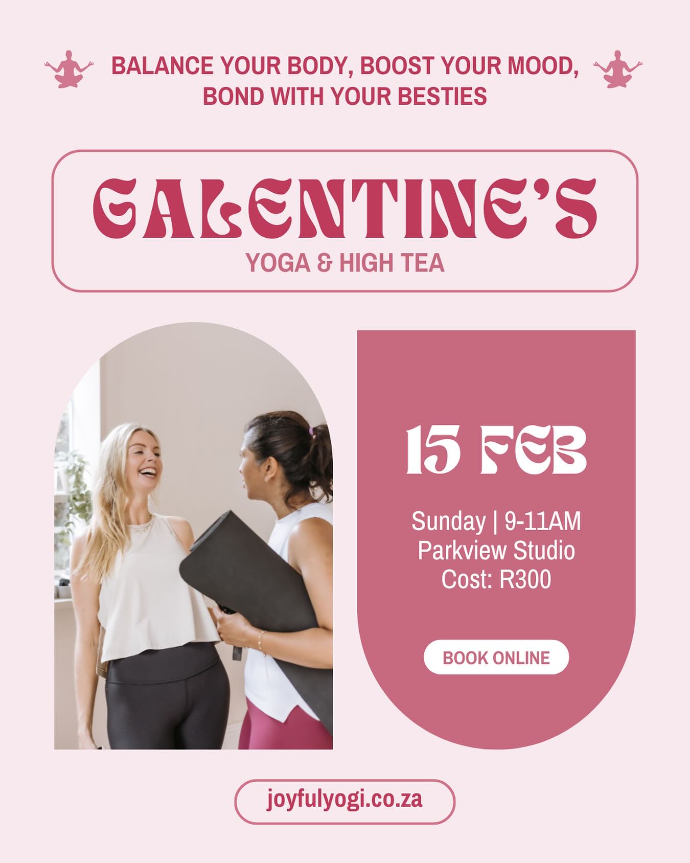 🩷 Galentine’s is about love — friendship love, self-love, and community 💫
I’m so excited to host Yoga & High Tea — a morning to move gently, lift your mood, and connect with the women who fill your cup.
We’ll flow, breathe, laugh, and then settle in for a beautiful high tea with good conversation and zero rush. Come solo or bring your besties — all are welcome 🤍
🗓 Sunday 15 Feb
⏰ 9–11am
📍 Parkview Studio
💫 R300
Spaces are limited — book online via the link in bio 💗