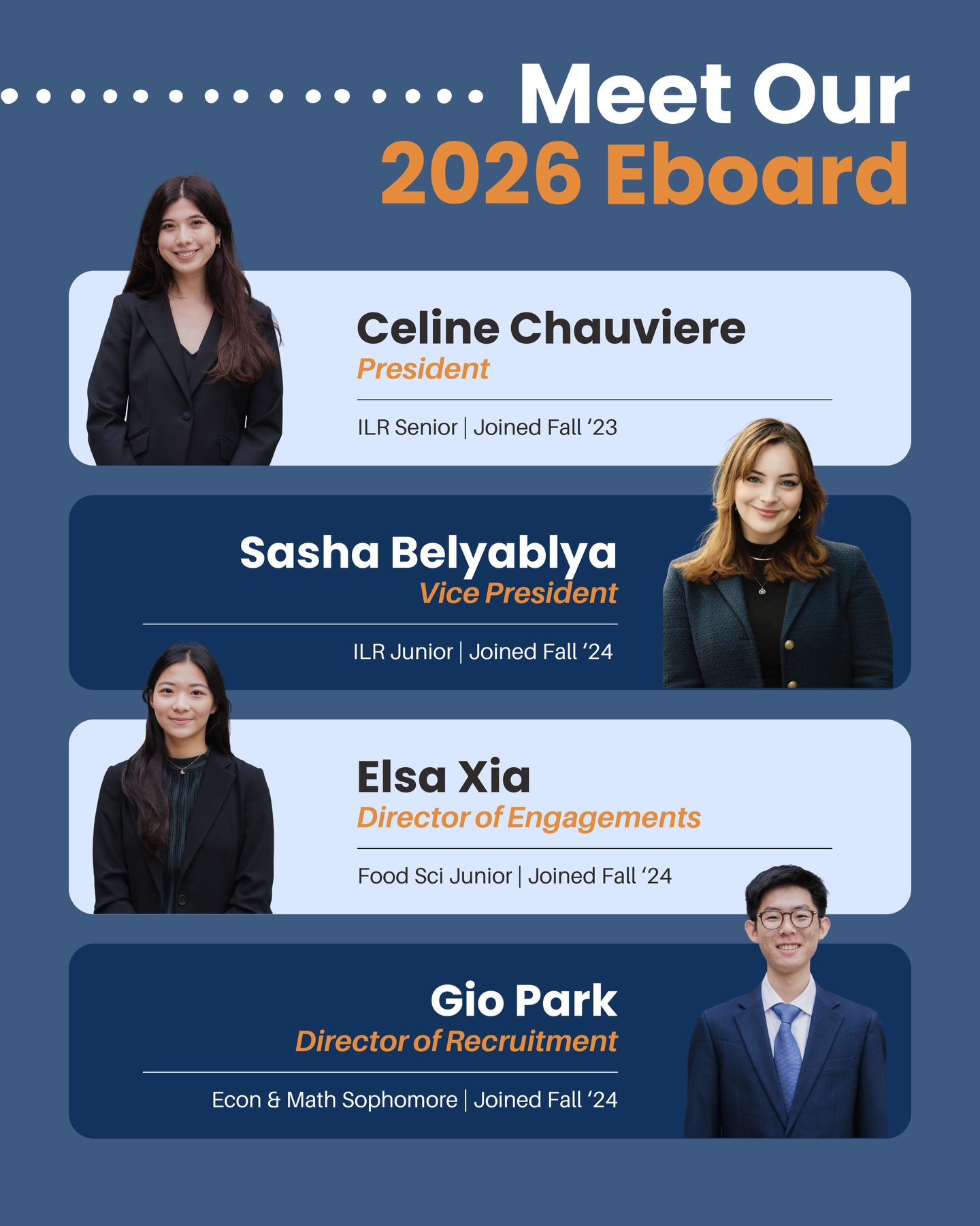Introducing our executive board for 2026! Meet us and learn more about our CYC experiences by signing up for coffee chats and attending our recruitment events beginning next week!
