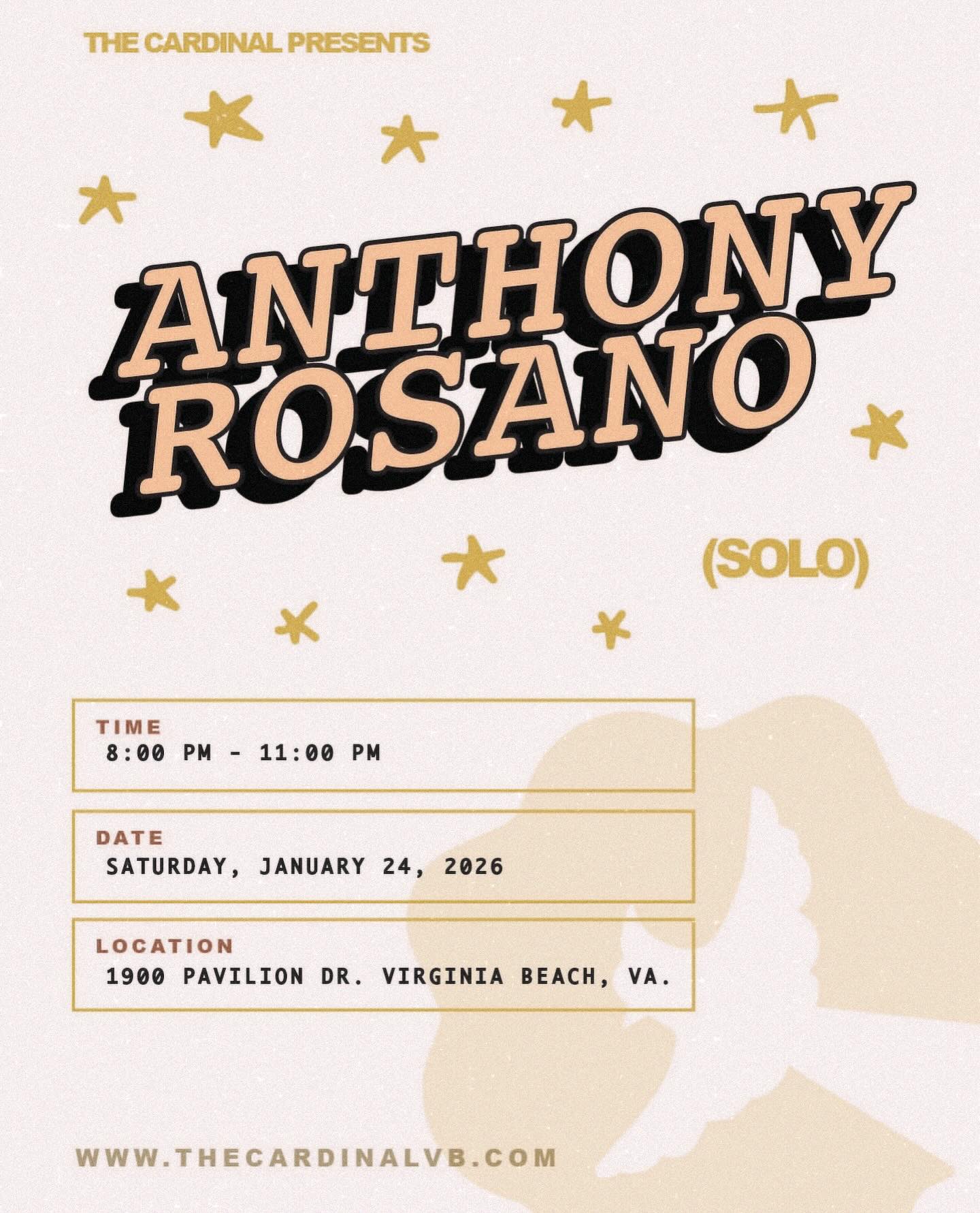 🎶 Live At The Cardinal 🎶
Saturday | January 24, 2026 | 8:00pm-11:00pm
W/ @anthony_rosano_official
#LiveAtTheCardinalVB #TheCardinalVB #VBEvents #LiveMusicVB #DoubleTreeHotel #DoubleTreeByHiltonVirginiaBeach