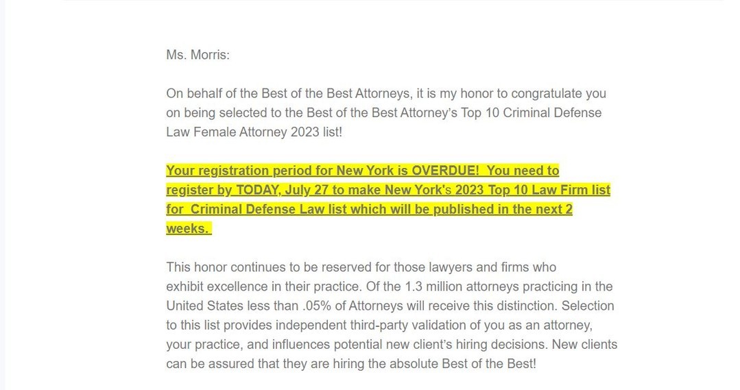 Overdue! I was selected by "Best of the Best Attorneys" for Top Criminal Defense Law Female Attorney 2023 List. I do not identify as a female. I think it would be unfair to take the spot from a well qualified female attorney so I must decline.