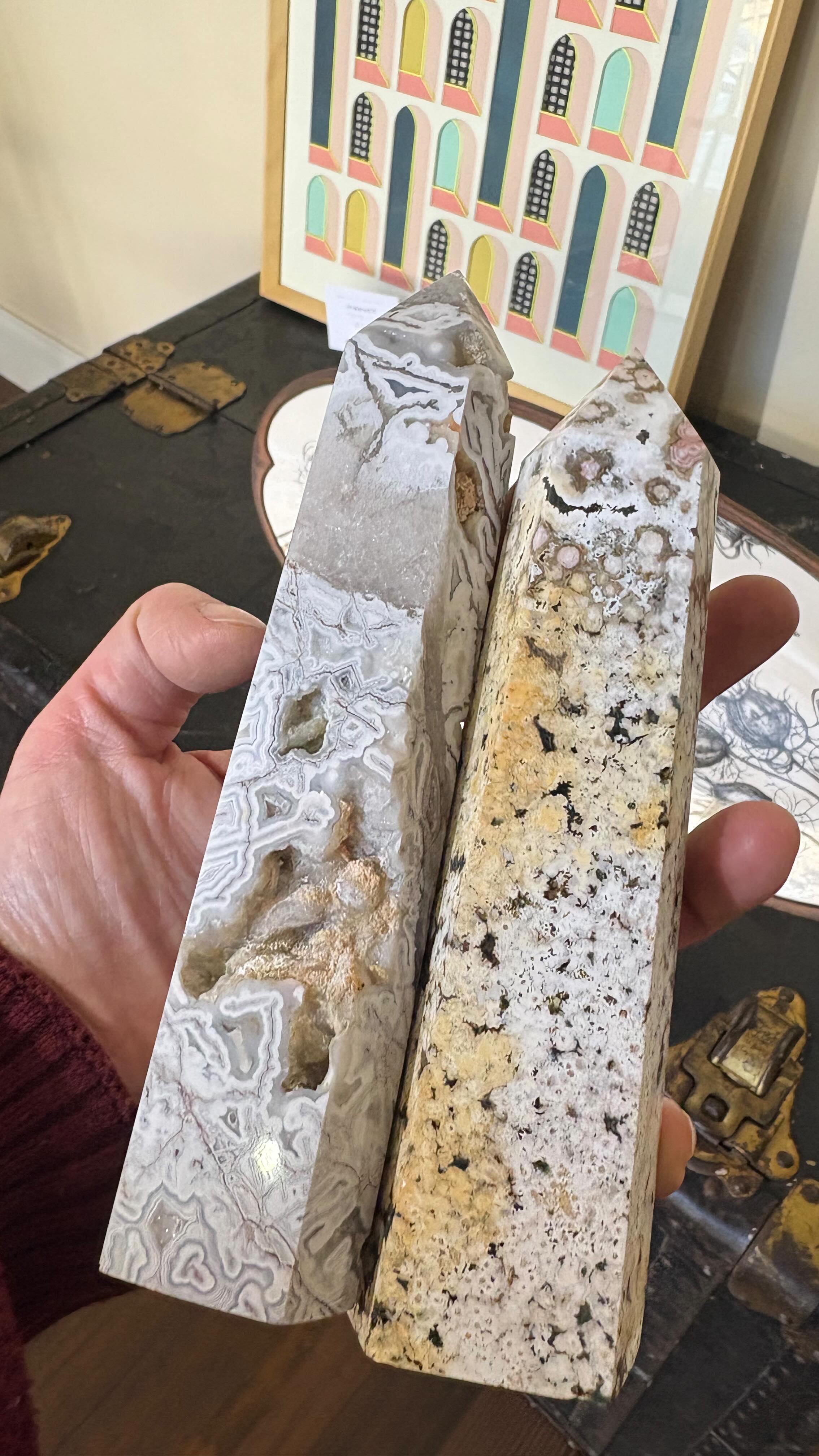 Jasper towers that bring subtle color and organic details into your home!
#goldenmoongallery #shopsmall #crystals #sanmateo