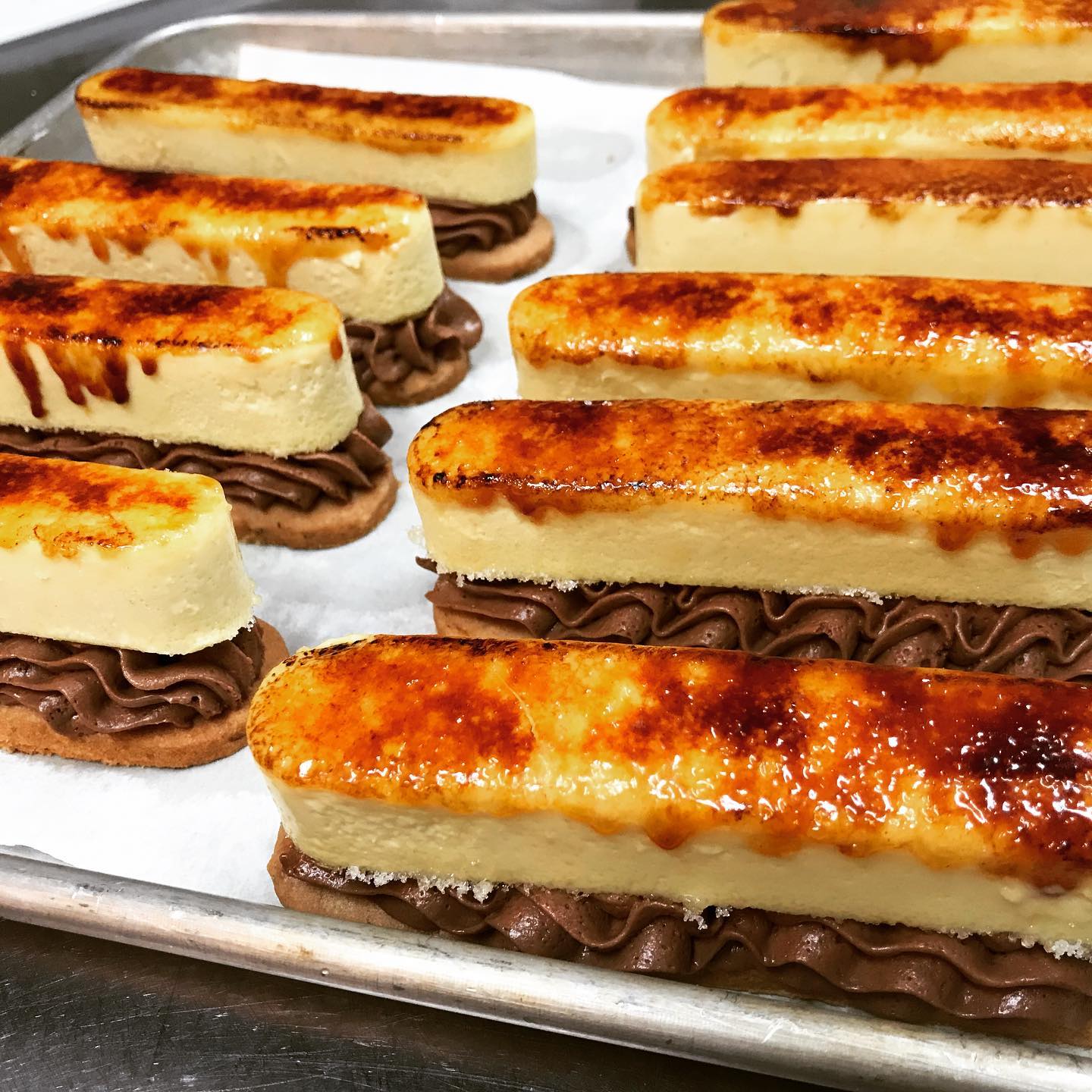 Walnuts crust , semi sweet chocolate mousse basil creme brûlée