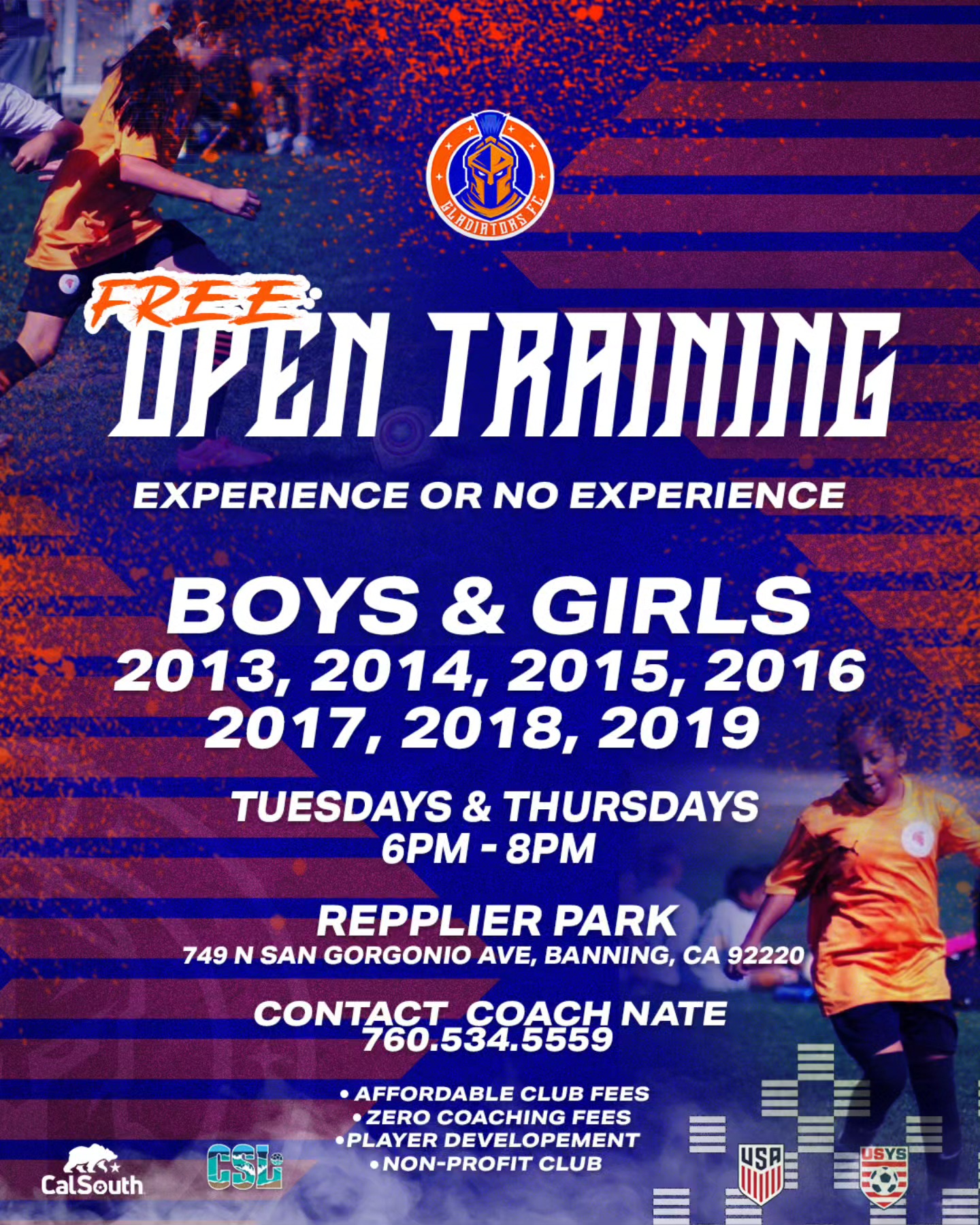๐ฅ FREE OPEN TRAINING โ BOYS & GIRLS SOCCER ๐ฅ
Gladiators FC is inviting boys and girls born in 2013โ2019 to join us for open training sessions โ and it's 100% FREE! Whether your child is just starting out or already has experience, everyone is welcome!
โฝ Open Training Details
๐ Reppplier Park โ 749 N San Gorgonio Ave, Banning, CA
๐
Tuesdays & Thursdays
๐ 6PM โ 8PM
๐ฏ Why Choose Gladiators FC?
โ
Affordable Club Fees
โ
ZERO Coaching Fees
โ
Player-Focused Development
โ
Community-Based Non-Profit Club
๐ Contact Coach Nate at 760.534.5559 for more info!
Let your child take the next step in their soccer journey โ come train with us and be part of something great in your community! ๐
#GladiatorsFC #YouthSoccer #BanningCA #OpenTraining #FreeSoccer #PlayerDevelopment #CommunityClub #PassAreaSoccer
