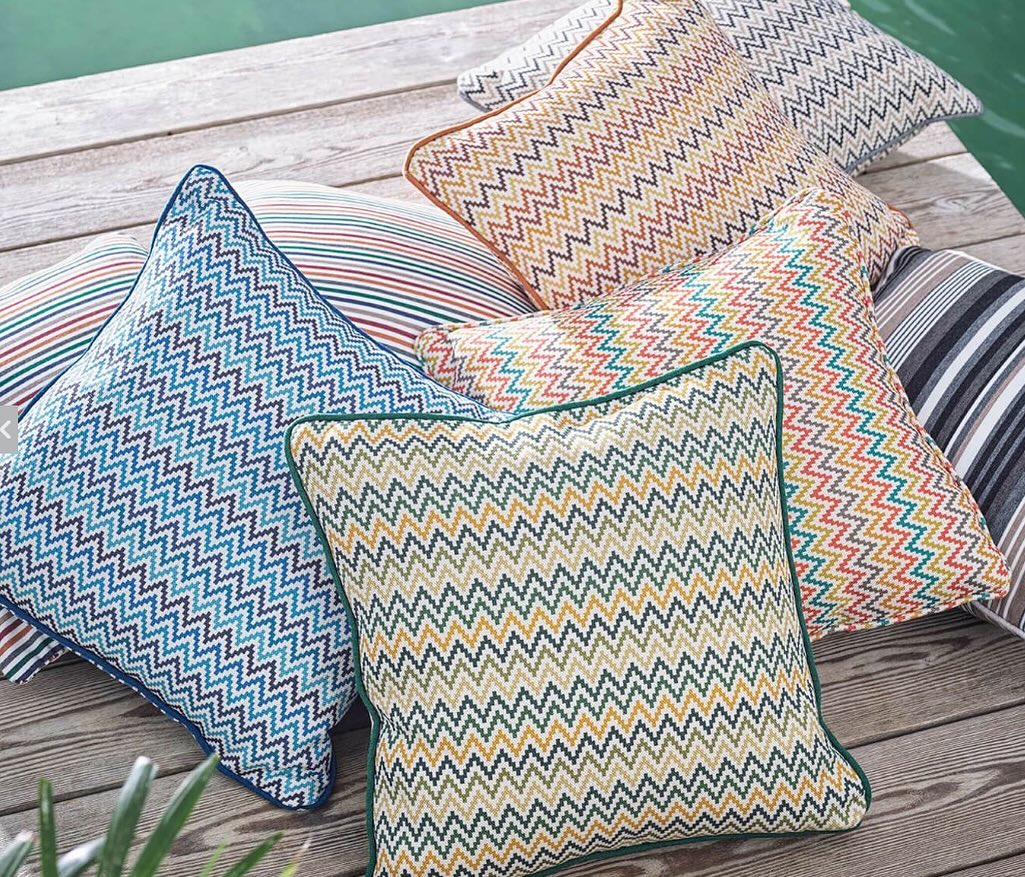 A fun, multicoloured chevron pattern, Klaudia complements the entire Clarke & Clarke Alfresco range. Pick out favourite colours and layer for a cohesive outdoor scheme. https://clarke-clarke.sandersondesigngroup.com/product/fabric/f1668-05/