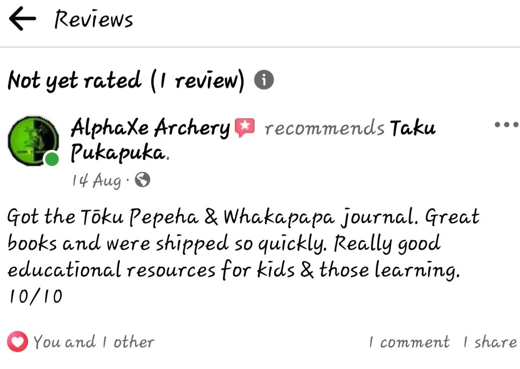 Yay!! We have our first review!! Reviews are so important especially to small local business! We would love it if anyone who has brought or received Pukapuka or Activity Packs from Taku Pukapuka to please 🙏 leave a review. Heas over to Taku Pukapuka facebook page. We would so appreciate it ❤️ Ngā mihi nui