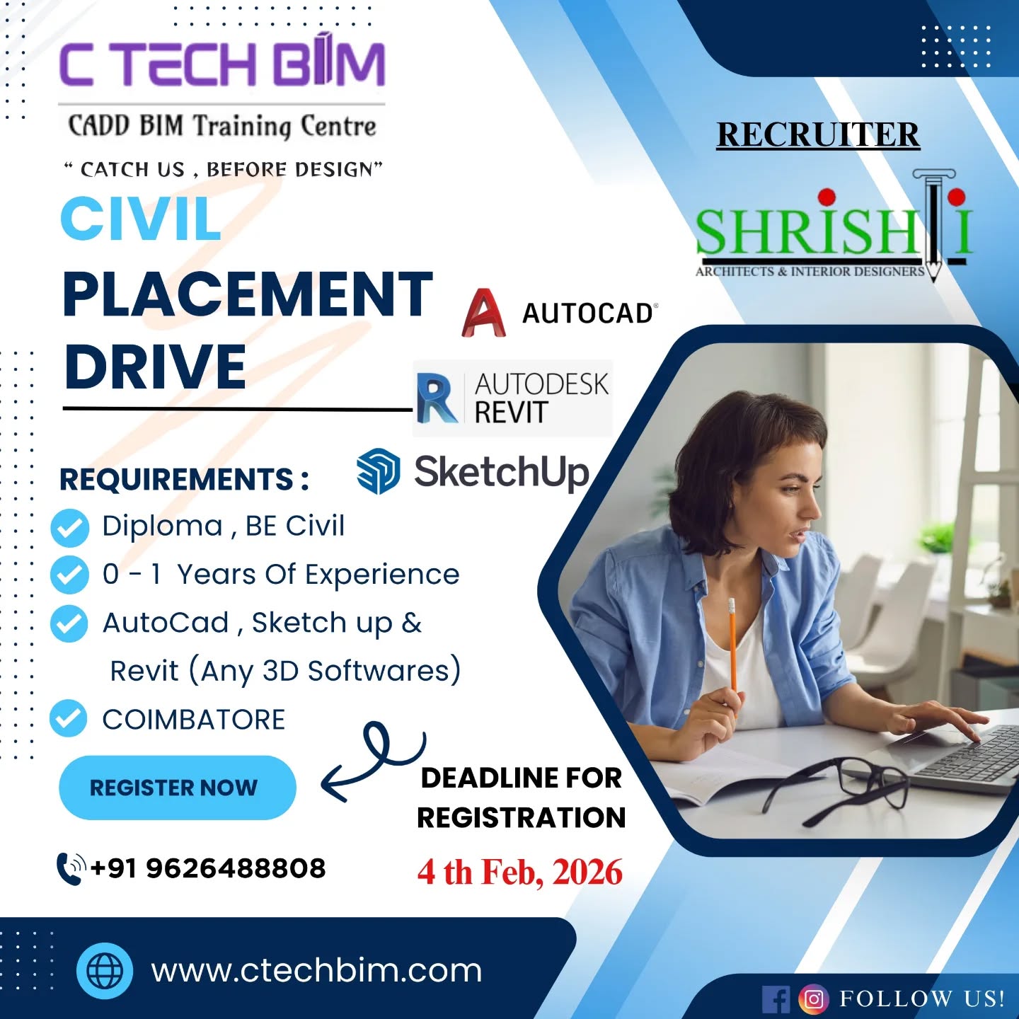 ๐ง CIVIL PLACEMENT DRIVE โ 2026 ๐ง
Start your civil engineering career with the right opportunity!
๐ฏ Recruiter: Shrishi Architects & Interior Designers
๐ ๏ธ Skills Required: AutoCAD | Revit | SketchUp
๐ Eligibility: Diploma / BE Civil
๐ Location: Coimbatore
๐ท Experience: 0โ1 Year (Freshers Welcome)
๐
Last Date to Register: 4th Feb 2026
๐ Call: +91 96264 88808
๐ www.ctechbim.com
๐ Register Now & Build Your Career!
#CivilPlacementDrive #CTechBIM #CivilJobs #FresherJobs #AutoCAD Revit SketchUp CoimbatoreJobs BIMCareers