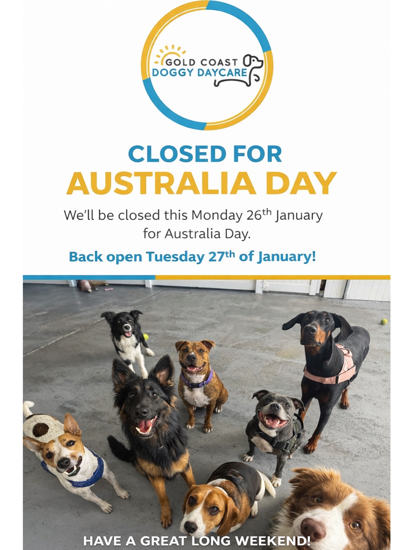 📢 Just a reminder that we’re closed on Monday 26th of January 2026 for the Australia Day Public Holiday!
We’ll see everyone on Tuesday 27th of January! 🐾
#goldcoastdoggydaycare #pupsquad #goldcoastsmallbusiness #goldcoastdogs #gcdoggydaycare