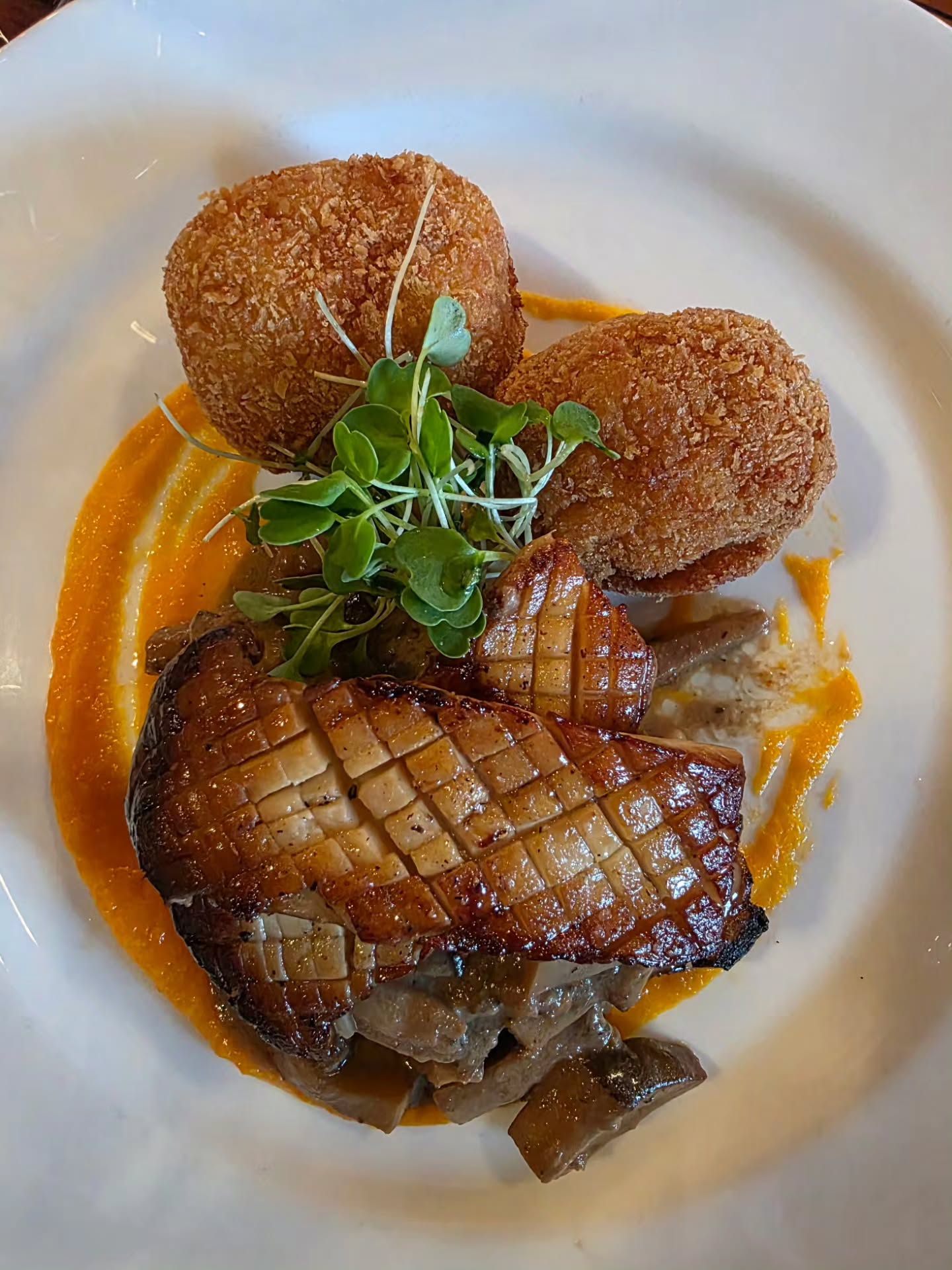 FEATURE: "Dad's" Pork Chop | 12oz. Bone in Pork Chop, King Oyster mushrooms, mushroom cream sauce, potato croquettes, carrot puree, black cherry vinegar gel, micro arugula
available until sold-out