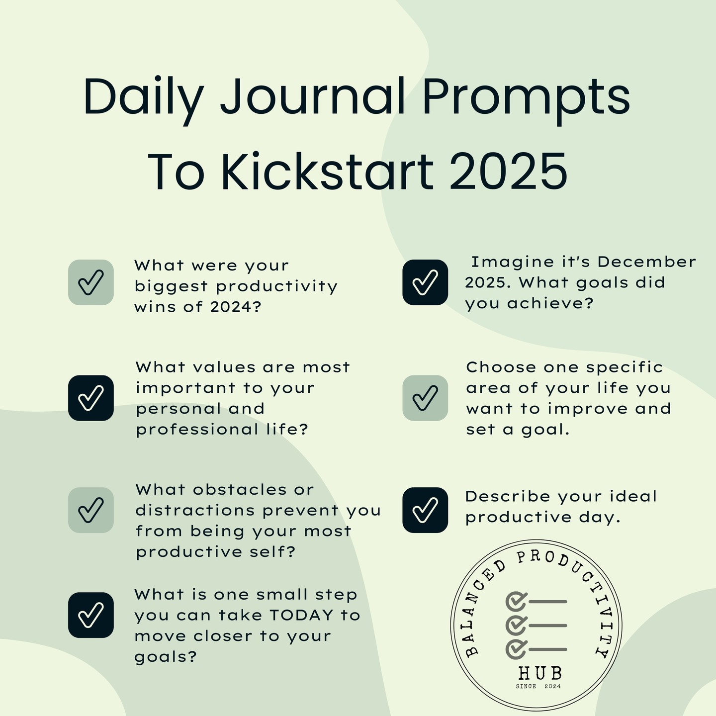 đ Kickstart 2025 with Daily Journaling! đ
Use these prompts to set the stage for a productive and fulfilling year:
â
Reflect on your wins: Celebrate your 2024 achievements!
â
Define your values: What truly matters in your life?
â
Identify obstacles: What's holding you back?
â
Visualize your future: Where do you want to be by December 2025?
â
Take action TODAY: One small step can make a big difference.
Let's make 2025 your best year yet! đ«
#productivity #journaling #prompts #goals #success #newyear #2025 #balancedproductivityhub #selfreflection #motivation #dailyhabits #growth #mindset