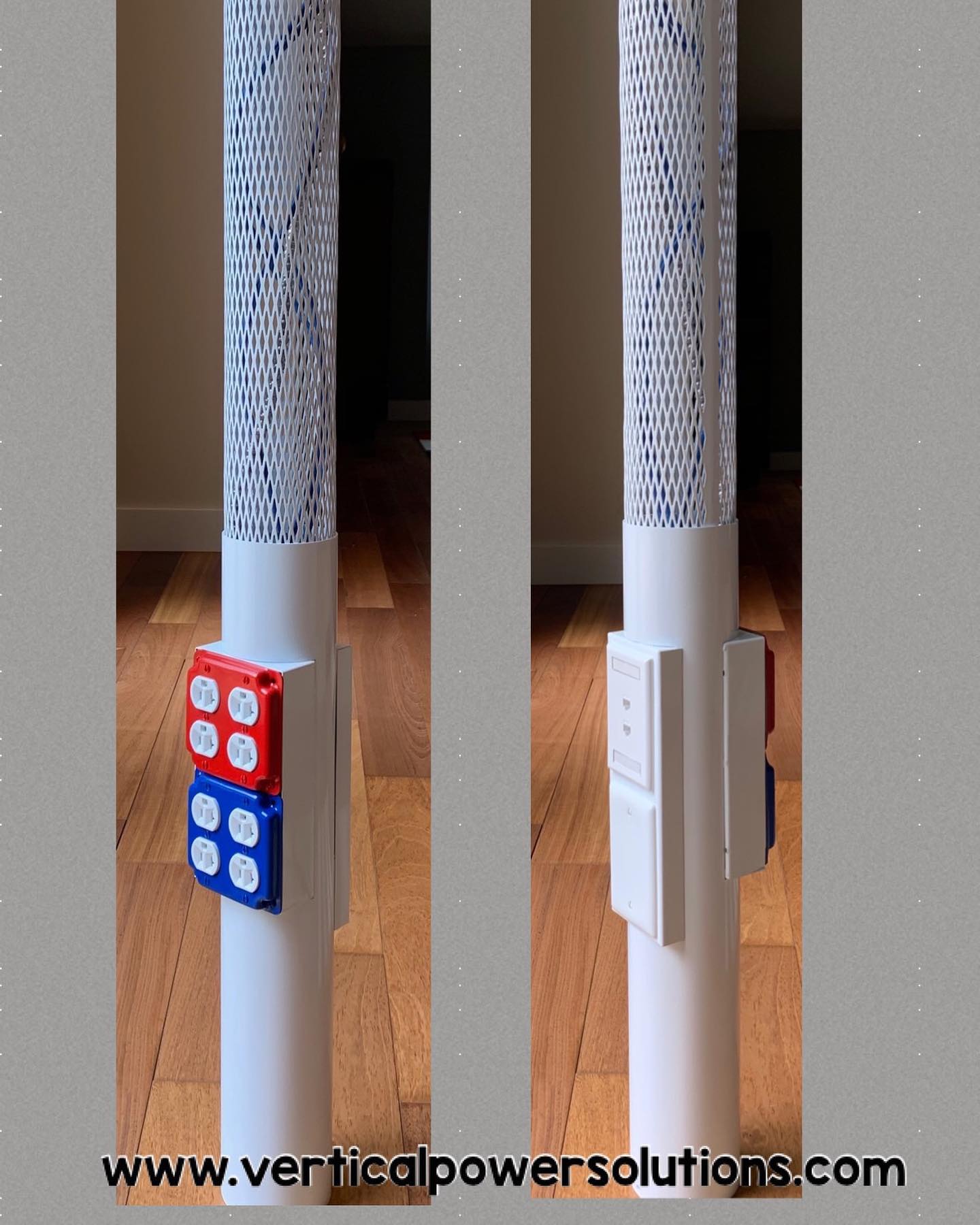 Custom tri-color power/data pole to match client’s logo. Now offering more power options. #doublepower #workststation #officedesign #openoffice #officefurniture #desk