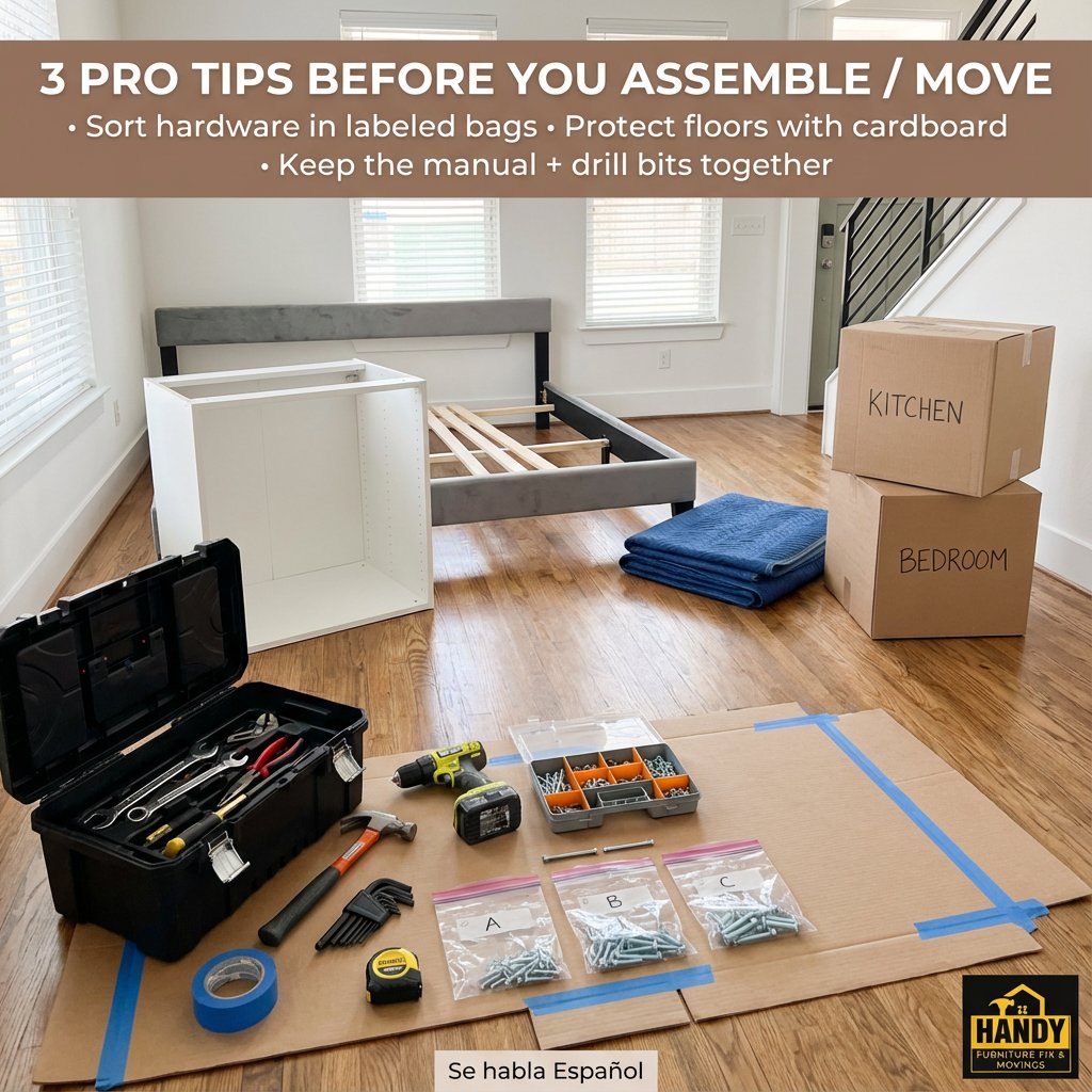 Ever started assembly and lost a screw?
We've seen it all. Before you unpack that flat-pack or prep for a move, try these 3 pro tips:
• Sort hardware into labeled bags (A, B, C)
• Protect your floors with cardboard
• Keep the manual and drill bits together
Small steps save hours of frustration.
Need a hand? We handle assembly and moving across the Dallas Metroplex. Call 945-257-4916 or visit handyfurniturefix.com 🛠️
Se habla Español.