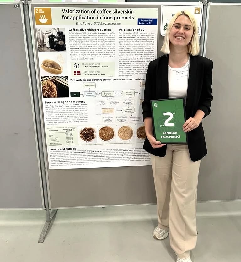 Congratulations to Ema Palova! 👏
Last Friday, June 28, Ema won 2nd place in the Bachelor Project category at DTU's Green Challenge 2024! 🏆
(03/07/2024)
@dtudk #denmark #grøndyst #sustainability #coffee #research