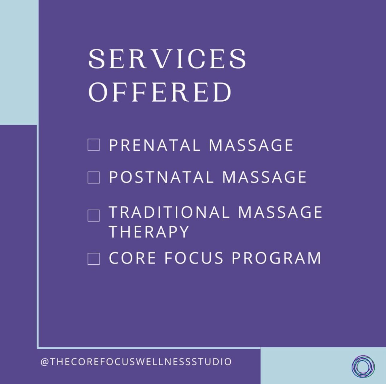 Here at The Core Focus Wellness Studio, we're ALL about putting YOU at the center of your care.
This means that while I may be an expert in massage therapy techniques and functional postnatal core strength, YOU are the expert in your body.
Together we'll take your GOALS to create a holistic treatment plan that integrates massage therapy techniques, exercises and stretches and functional core training.
Here are the current offers at The Core Focus Wellness Studio:
💆🏾♀️TRADITIONAL MASSAGE THERAPY: Perfect for anybody and every body. Massage therapy treatments are customized for your own unique goals, pains and injuries.
🤰PRENATAL MASSAGE THERAPY: Be proactive in treating the common aches, pains and muscle tension during pregnancy so that you can feel your absolute best all the way until labour.
👩🏽🍼POSTNATAL MASSAGE THERAPY: Help address any muscle imbalances, muscle tension, poor posture or pain that comes with the postpartum period.
💪🏿POSTNATAL CORE FOCUS PROGRAM: Your postnatal core should feel STRONG and it should work for you! You shouldn't be experiencing back pain, leaking or weakness months after giving birth. The good news is, retaining your core so it's strong and functional doesn't take a ton of time or fancy equipment.
Head to the link in my bio to book OR if you have any questions, send me a DM!