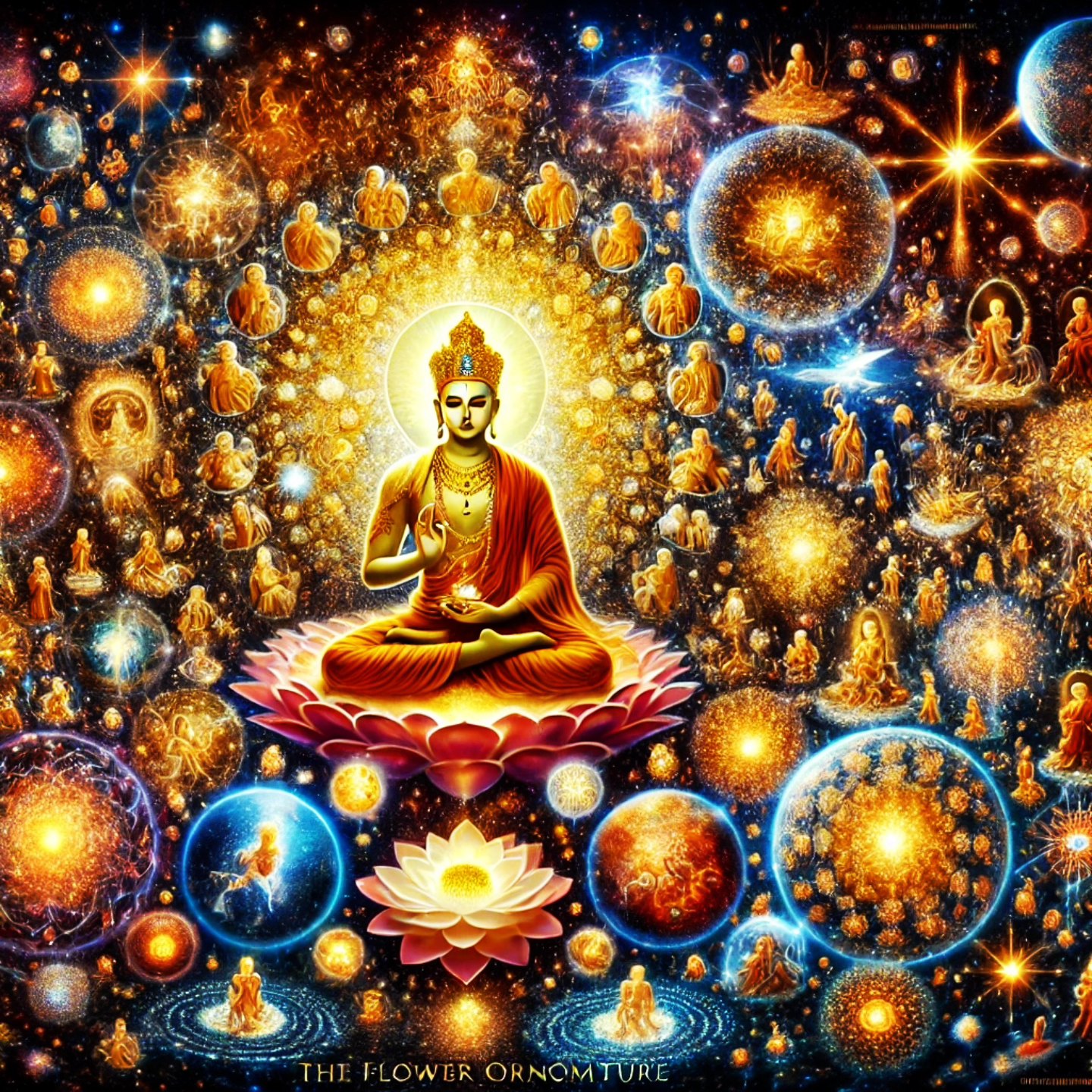 All buddhas can contain all sentient beings in each pore of their bodies, each sentien being's body equal to untold buddha-lands, yet there is no crowding; each sentient being can pass countless worlds with every step and go on for countless eons, seeing all the buddhas emerging in the world and edifying beings, turning the wheel of the pure Teaching, showing untold phenomena of past, future, and present, the embodiments of sentient beings in various realms of existence throughout space, their comings and goings and deportment, their needs all fully supplied, yet without any obstruction therein - this is buddhas' ninth mastery.
-- Flower Ornament Scripture