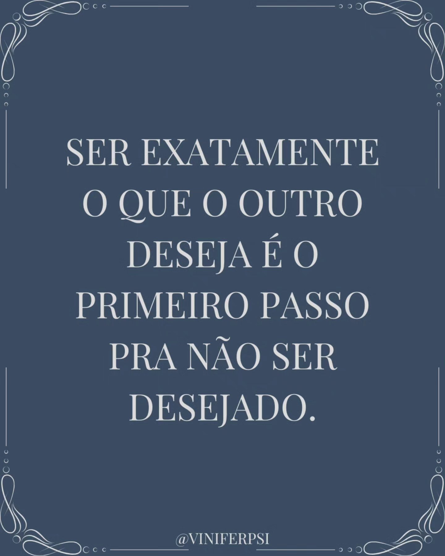 "O desejo é a relação de ser com a falta." — Lacan
Na psicanálise, o desejo não se confunde com necessidade. A necessidade pode ser satisfeita; o desejo, não.
É justamente essa impossibilidade de completude que o mantém vivo.
Quando tentamos ser exatamente o que o outro quer, eliminamos a falta que sustenta o desejo. Tornamo-nos previsíveis, totalmente disponíveis — e, paradoxalmente, deixamos de ser desejados.
O desejo do Outro se alimenta da nossa singularidade, daquilo que não se entrega por inteiro, do espaço que permanece enigmático.
E você? Já se percebeu moldando-se tanto para agradar que acabou perdendo aquilo que despertava o desejo?
#Psicanálise #Lacan #Desejo #Falta #Inconsciente #ViniferPsi