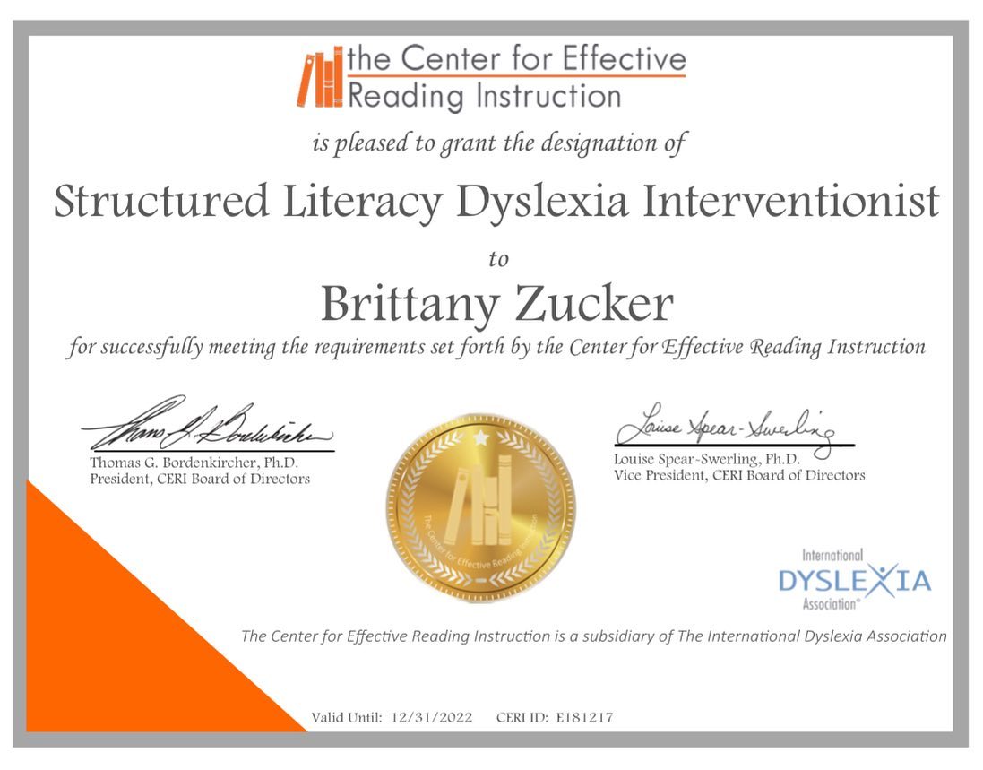 I’m proud to share that after passing the Knowledge and Practice Examination for Effective Reading Instruction (KPEERI) exam, I am officially a Certified Structured Literacy & Dyslexia Interventionist (C-SLDI) through the International Dyslexia Association (IDA)! 🎉 😊
•
About three years ago, I embarked on a personal education journey after realizing my background in literacy was lacking as a Speech-Language Pathologist. I became absolutely intrigued with dyslexia and understanding how the brain learns to read as I participated in many professional development courses, tirelessly researched the Science of Reading and worked to receive my certification in Orton-Gillingham to strengthen my understanding and teaching techniques.
•
Throughout this process, I grew more and more dedicated to ensuring children receive science-based reading instruction. It’s the reason why I started this Instagram account two years ago - I wanted to help parents and educators navigate their children’s language and literacy needs by providing a little reminder here and there of what they can do at home or in school to help.
•
Earning my C-SLDI was the last step in this long awaited journey and I have learned A LOT! While I have seen many struggling readers improve academically and grow into confident learners, I continue to think about the struggling students I worked with years ago, wishing I did more given the tools and experience I now have. Today, I strive to have a meaningful impact on the rate of learning improvement for those who are diagnosed with or are at-risk for reading difficulties so that no child falls behind. 📖