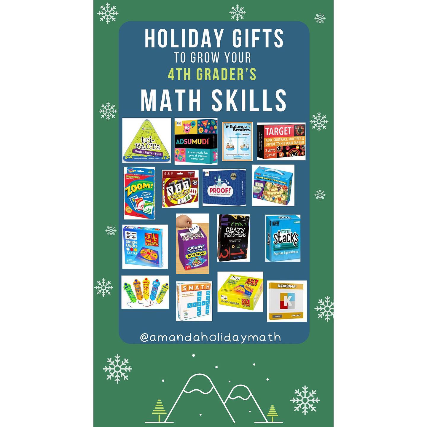 🎁 4th Grade Math Game Guide 🎁
I love finding ways to play games and have fun with my kids while sneaking ways to engage their brains in mathematical concepts! With Black Friday here and the holidays coming up, I figured I’d share some of my favorite toys, games, and activities you could gift to your child this year that will build their math skills!
Here are some of my 4th Grade favorites:
1. Tri-Fact-A Multiplication and Division
2. Asumudi Math Game
3. Balance Benders: Beginner
4. Target
5. Zoom! Card game
6. Set
7. Proof!
8. Comparing Fractions Lakeshore Learning Store Game
9. 24 Game: Single Digits
10. Splash! Division
11. Crazy Fractions
12. Math Stacks Fractions Equivalencies
13. Math Wrap-Ups
14. Smath
15. 24 Game: Factors and Multiples
16. Kakooma
#christmasgiftideas #giftguide #giftguides #mathgame #mathteacher #4thgrademath #blackfriday #blackfridaycybermonday