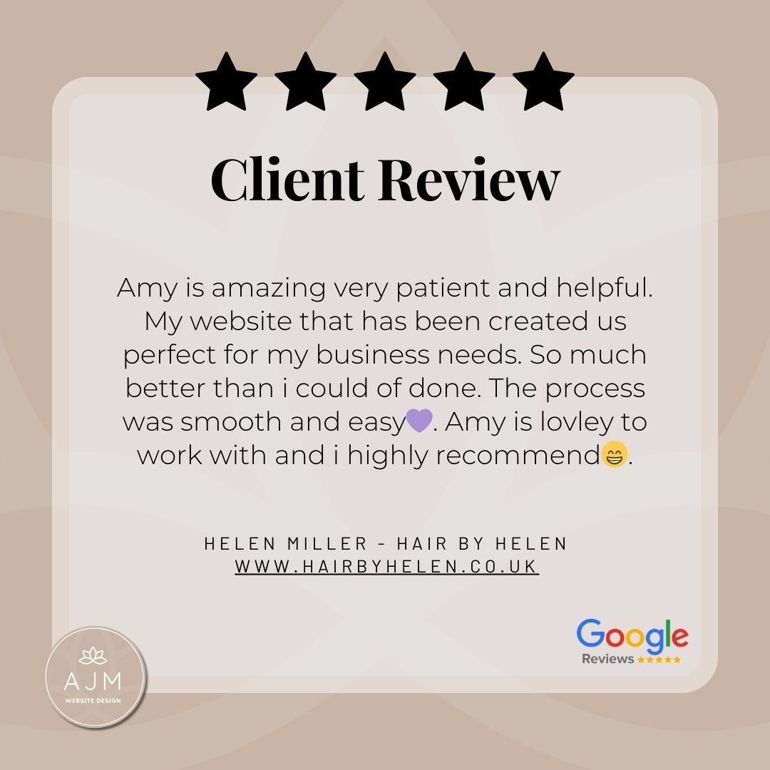 Thank you Helen for your lovely review. I loved working with you and look forward to working together in the future.
"Amy is amazing very patient and helpful. My website that has been created us perfect for my business needs. So much better than i could of done. The process was smooth and easy💜. Amy is lovely to work with and I highly recommend😁."
#GoogleReview #WebsiteDesign #Wix #WixWebsites #SurreySmallBusiness #SmallBusinessSurrey #ClientWords
