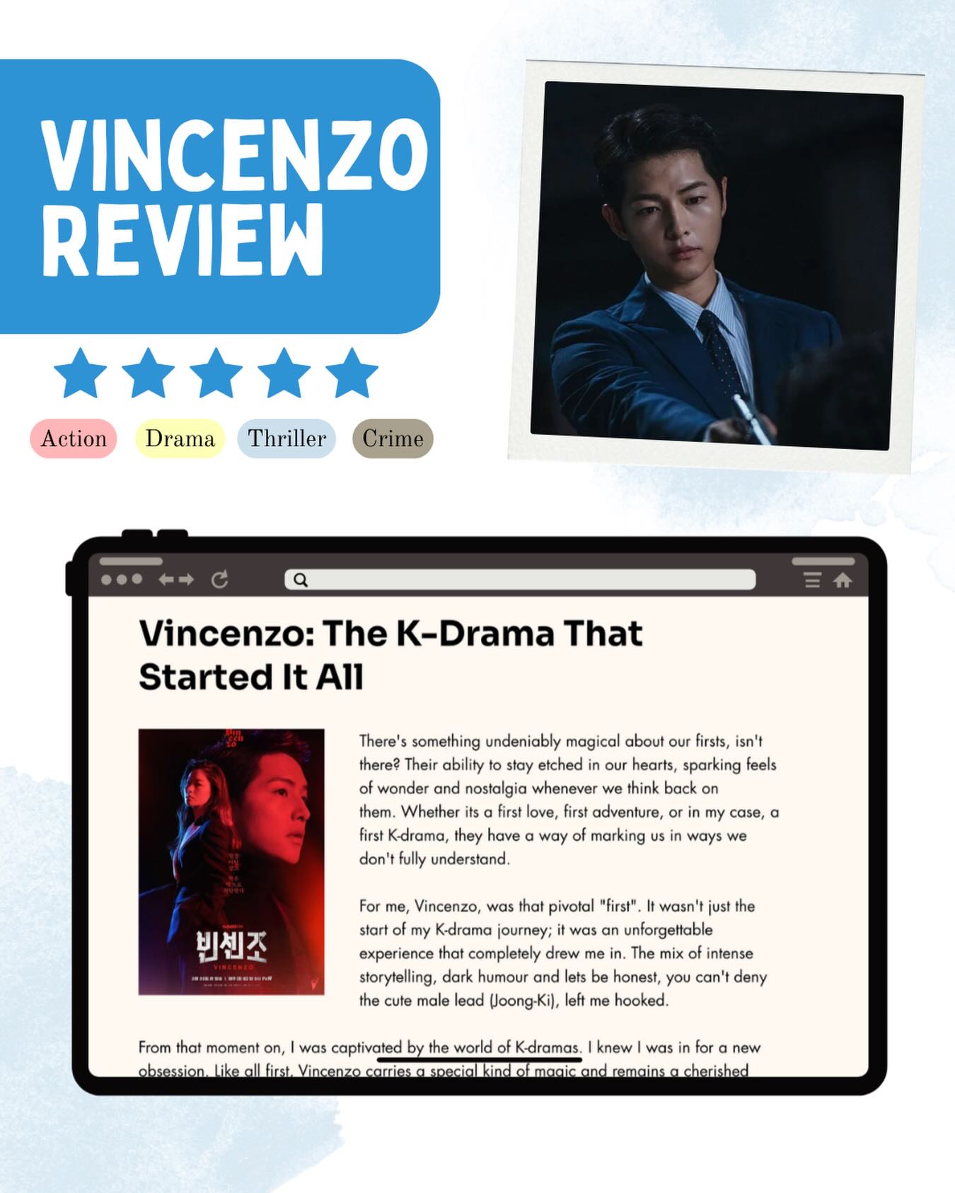 Starting my reviews with the drama that started my K-drama journey just felt right 💛
My full Vincenzo review is now live on My K Delulu, where I talk about the chaos, the comedy, and everything else that made this drama so special to me.
Link in bio
If you do read it, I’d really love to know what you think 🥹
What was your first ever K-drama?
#vincenzo #songjoongki #kdramas #mykdelululand