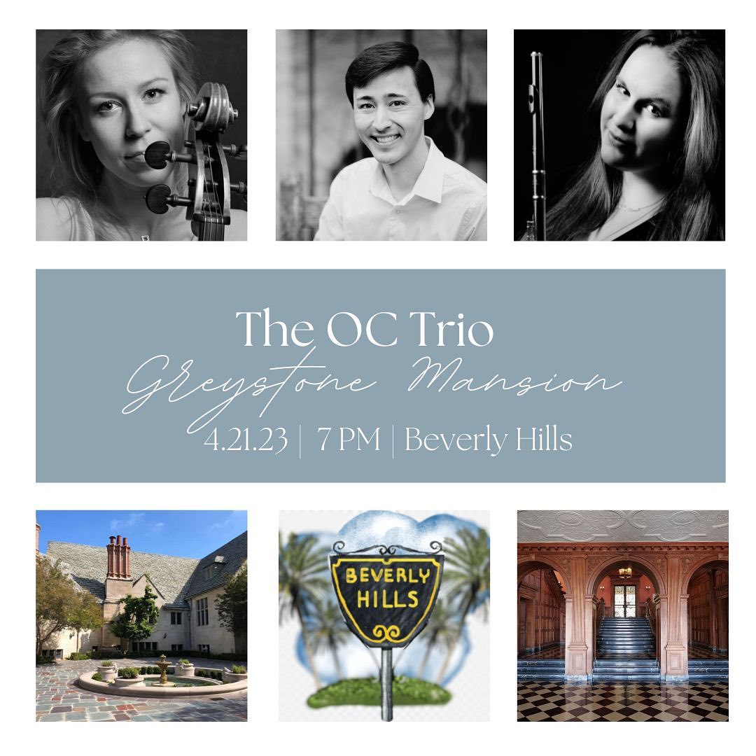 This Friday, 7 pm, Music at the Mansion Festival at Greystone in Beverly Hills 🌴
Last year I was very fortunate to win the Beverly Hills National Audition. As a part of award, I got the opportunity to program a recital in my favorite combination of flute, cello and piano. This lead to the formation of The OC Classical Trio with my friends, Pola Benke on cello 🎻and Phillip Matsuura on piano 🎹
We will present an eclectic selection of music including Isabella Leonarda’s Sonata Duodecima, romantic Trio in G minor Op. 63 for flute, cello and piano by Carl Maria von Weber, fiery Four Seasons of Buenos Aires by Astor Piazzolla and my recent personal favorite (although my husband Michal likes to say I have many favorites) Ecstatic Samba by @kevindaymusic
The second part of the concert will feature Duo Violino - Yuan Tian and Zi Wang.
Tickets are available through the reservation on Beverly Hills City website and in my bio - a little bit hard to find but so worth of coming! ❤️
