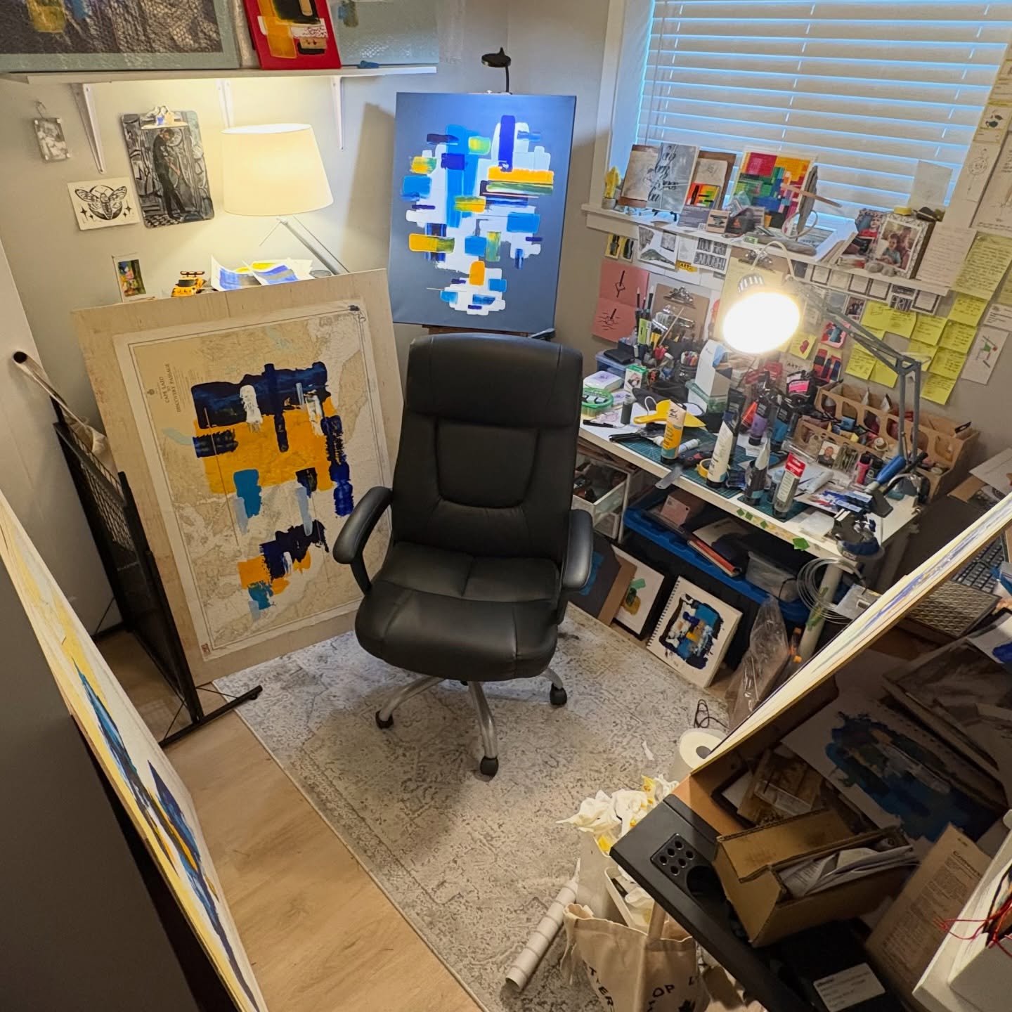 Studio is getting to be a lot like a game of Tetris. Lots of work in progress stuff going on. #artiststudio #wip #art #artoftheday
