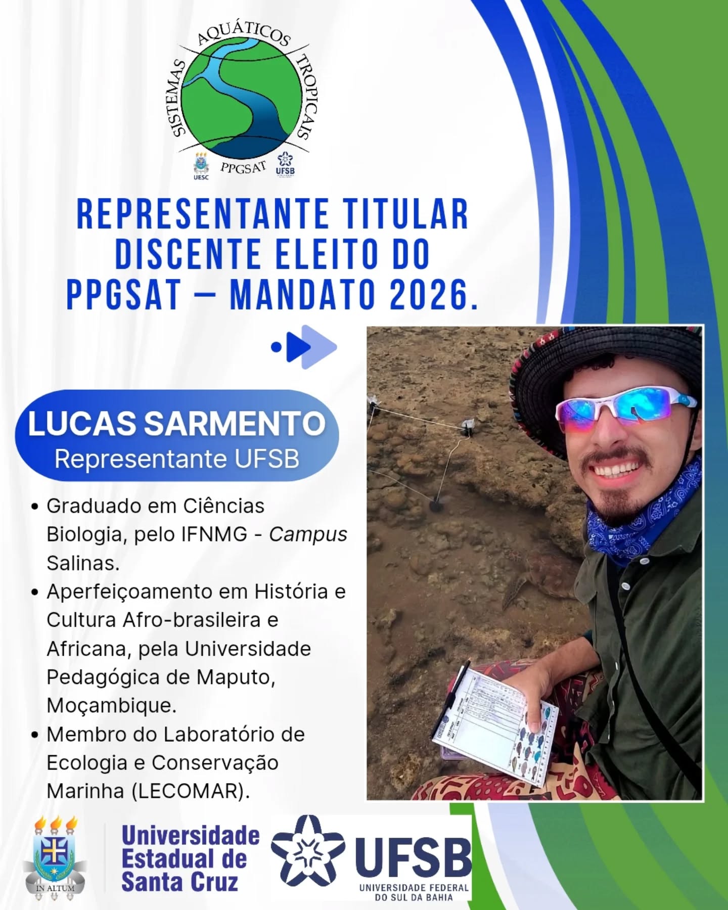 🎉🌱 Temos representantes discentes eleitos para o mandato 2026 do PPGSAT! 🌱🎉
É com muita alegria que apresentamos quem vai representar os discentes do Programa de Pós-Graduação em Sistemas Aquáticos Tropicais ao longo de 2026 💧🌍
🪸 Representante Titular
👉 Lucas Sarmento (UFSB) @lucasmendes_a_s
🌟 Representante Suplente
👉 Yasmin Gusmão (UESC) @yasmin_bg
Que seja um mandato de muita troca, diálogo, participação e fortalecimento do nosso PPGSAT! Contem com eles! 💙🤝
#PPGSAT #RepresentaçãoDiscente #SistemasAquáticosTropicais