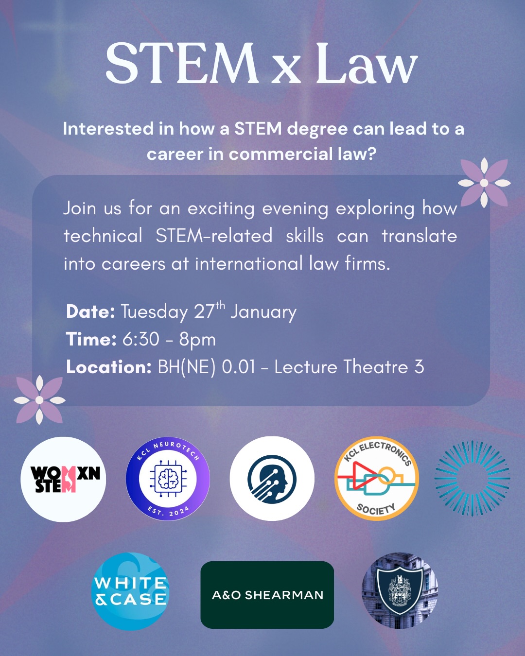 āļøš¬ STEM meets Law! Learn how your technical background can shape a future in international commercial law.
š
Tuesday 27th January
ā° 6:30ā8pm
š BH(NE) 0.01 ā Lecture Theatre 3
Sign up using the QR code!