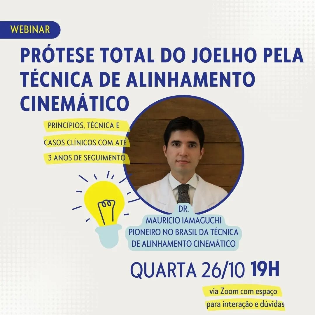 Clinica Iamaguchi parabeniza Dr. Maurício Iamaguchi pela aula Webinar de Prótese Total do Joelho pela Técnica de Alinhamento Cinemático destinada a Ortopedistas cirurgiões de Joelho. Técnica que em estudos randomizados apresenta melhores resultados funcionais comparada a técnica ainda mais utilizada pela maioria dos cirurgiões no Brasil. Saiba mais em www.iamaguchi.com/artroplastia-total-de-joelho