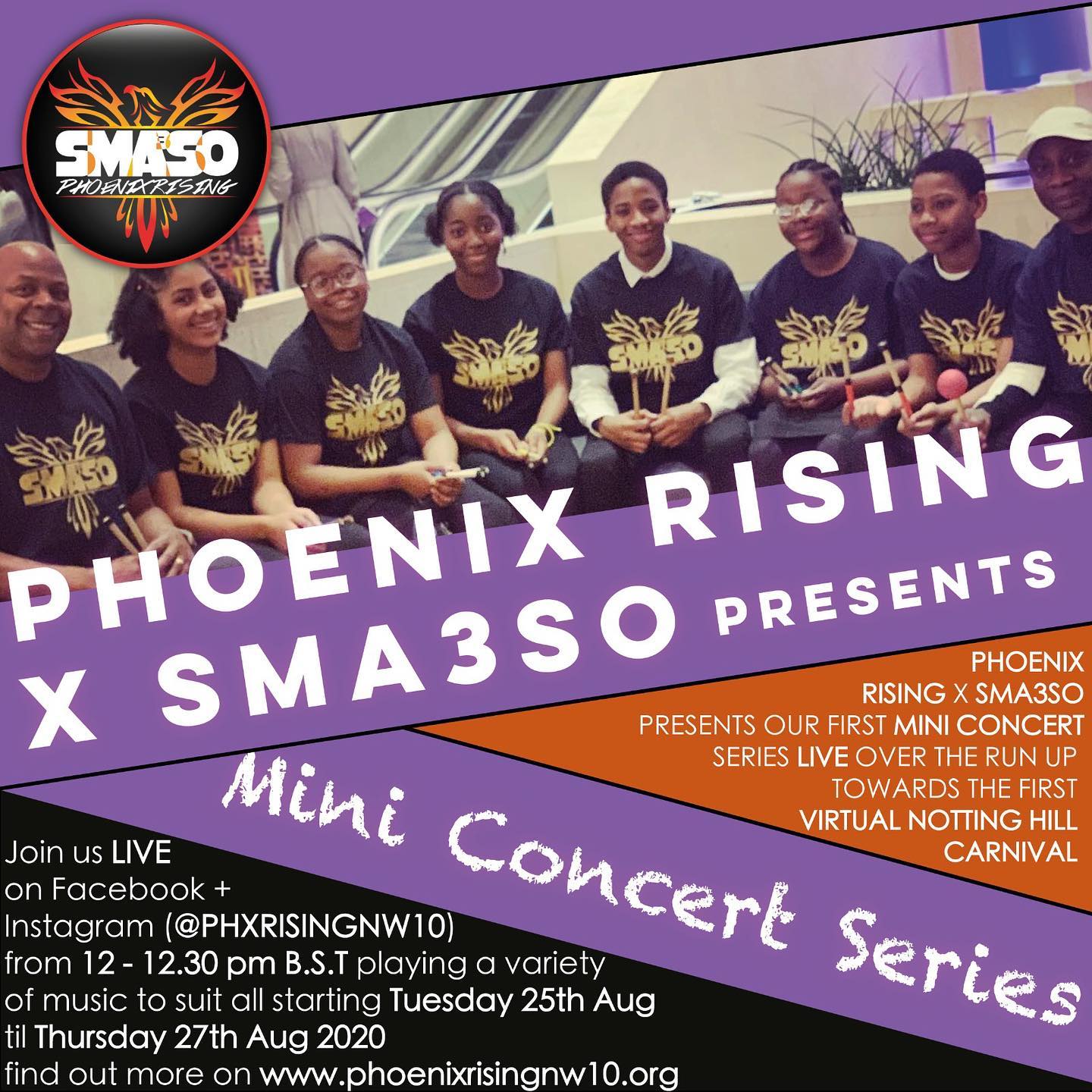Join us LIVE with our first mini concert series running from Tues 25th - Thurs 27th 12pm BST #steelpan #sma3so #phoenixrising #nw10 #londonboroughofculture #youth #charity #gospelmusic #calypso #soca #latinamericanmusic #london #caribbean #uk