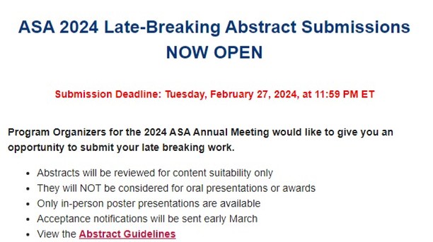 Been working on a research project but not quite ready to present? Or got data that would look great on a poster? Go to
https://mailchi.mp/andrologysociety/asa-2024-abstracts-114042 and SUBMIT!
Then come to Denver so everyone can see your work. Win-Win!!!