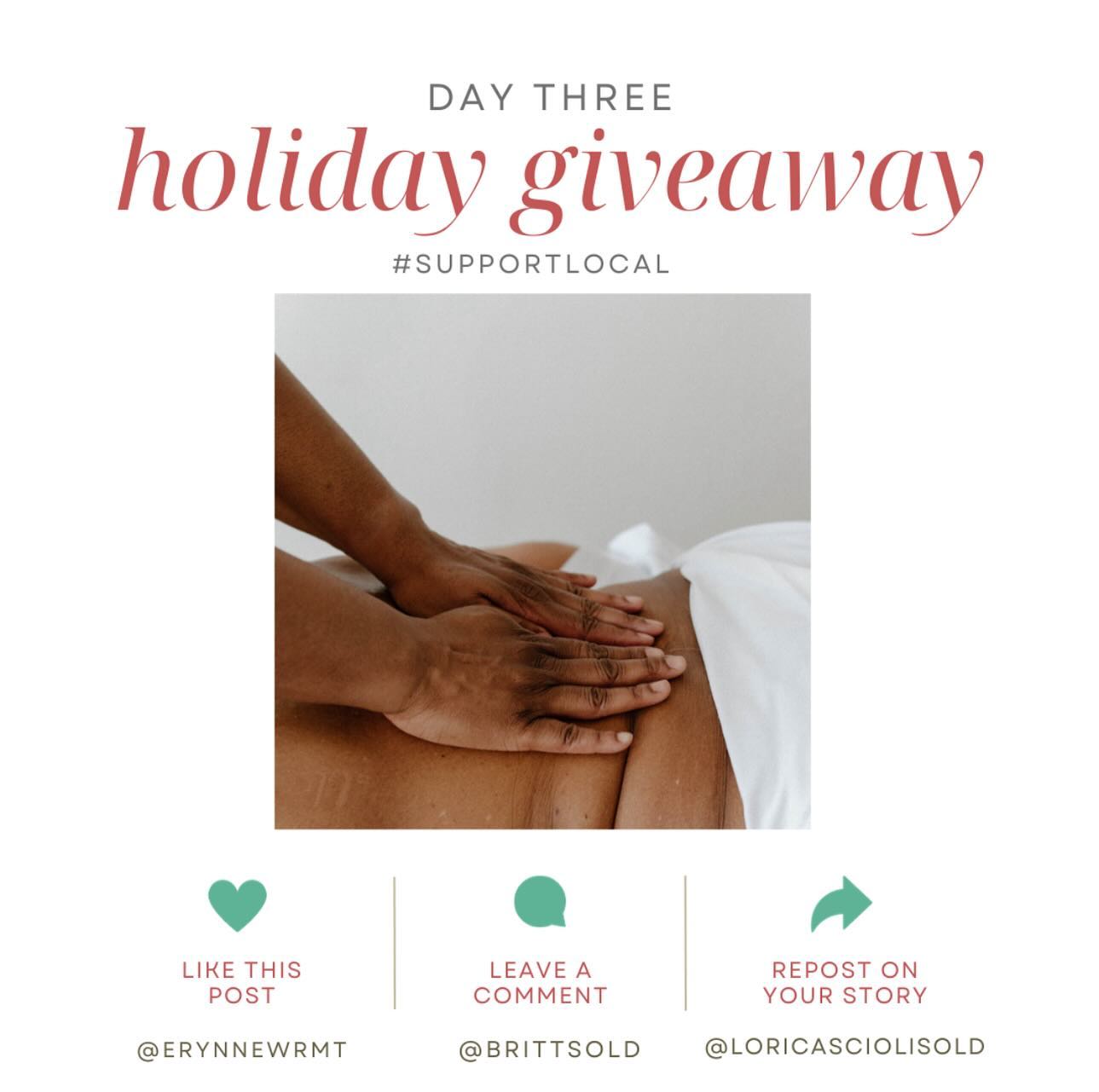 WIN A FREE 30 MIN MASSAGE BY RMT @erynnewrmt
.
How to Enter:
1. Like this photo
.
2. Follow:
@erynnewrmt
@brittsold
@loricasciolisold
.
3. Tag a friend in the comments that supports local (one entry per tag, the more the merrier)
.
4. Extra entry if you post to your story and tag @erynnewrmt | @brittsold | @loricascaiolisold
.
Giveaway not endorsed by Instagram. Giveaway closes on Dec 3rd at 11:59pm EST. Winners to be announced on Dec 4th. Shipping may be additional. For Canadian residences only.
#holidaygiveaway2023 #christmasgiveaway2023 #supportlocal #itsthemostwonderfultimeoftheyear #giveaway #localgiveaway