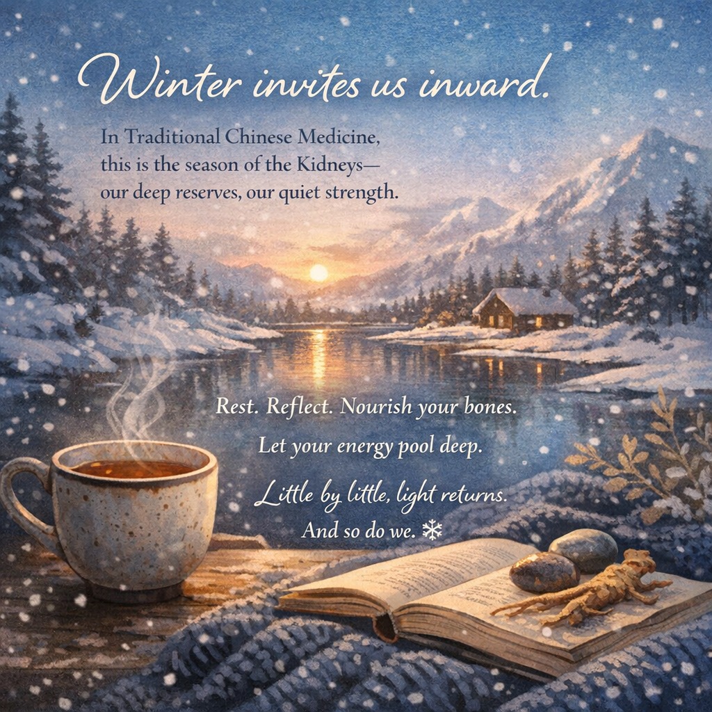 Happy Winter! And oh gosh, what a winter we're getting. It's been a while since I've posted but I'm really hoping to get more consistent again. 2025 was a wild ride of a year, and I'm just now, after building and moving and the holidays, starting to feel more settled. I've missed my soulful moments with you all. Cheers to a 2026 filled with all the love and kindness your body and spirits need.
And without further ado... let's talk about TCM and Winter.
In TCM, winter is the most yin time of year—cold, quiet, inward, dark. It corresponds with the Water Element and the Kidney organ network, which governs Jing (our essence and longevity), bone health & marrow, brain function & memory, hearing, growth and & reproduction, fear, willpower, and deep resilience.
Winter time asks us to slow down and store rather than produce. It’s a time for warm meals, early nights, salty + mineral-rich foods (think seaweed, black beans, sesame, bone broth), and gentle movement to keep the Qi flowing without draining reserves.
Emotionally, the Water Element helps us move from fear toward courage and adaptability.
Physically, it strengthens our bones, back, and energy for the year ahead.
Spiritually, it teaches us to find stillness and listen inwardly, just as lakes freeze and forests go quiet.
By living in harmony with winter, we build a stronger foundation for spring’s growth.
This is the season of replenishment—quiet, slow, and deeply wise.
#traditionalchinesemedicine
#seasonalliving
#winterwellness
#acupuncture
#holistichealth
#cozyliving
#orangeville
