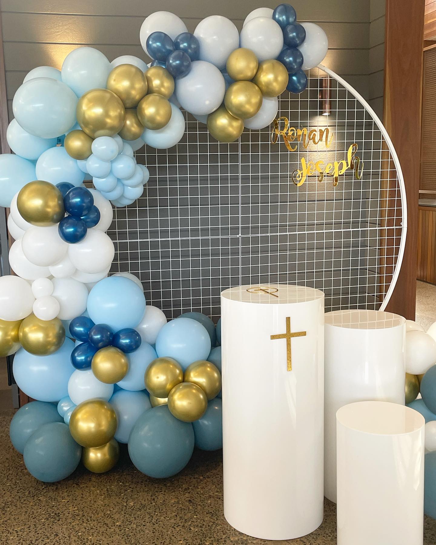 Beautiful tones of blue and gold for a gorgeous baptism. Working with some amazing suppliers to put it together. plinths @partymamma gold acrylic signage @maccreationsau venue @glenworthvalleyweddings balloons and mesh wall- me! @belles_decorations_by_design