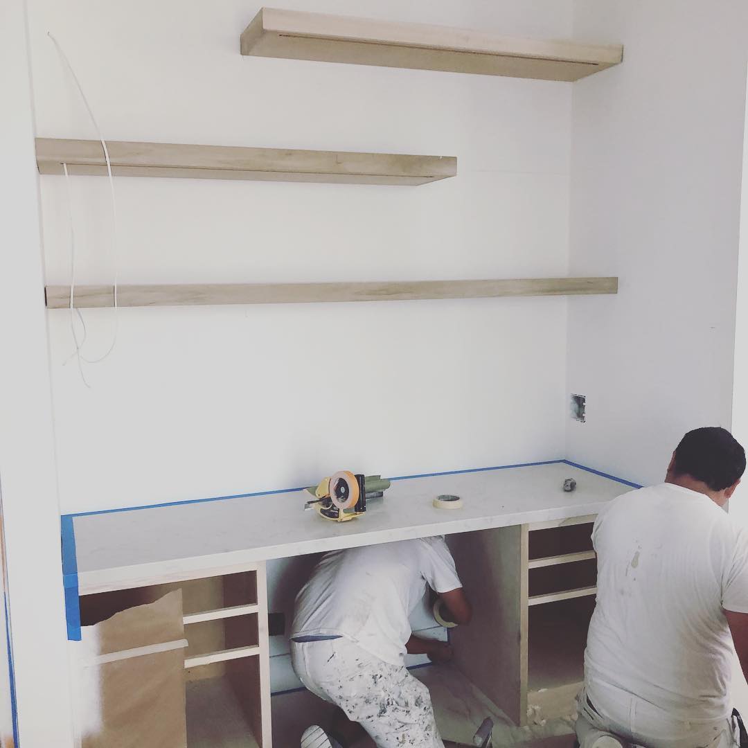 Dream kitchen desk in the making! #newportbeachremodel #kitchendesk #floatingshelves