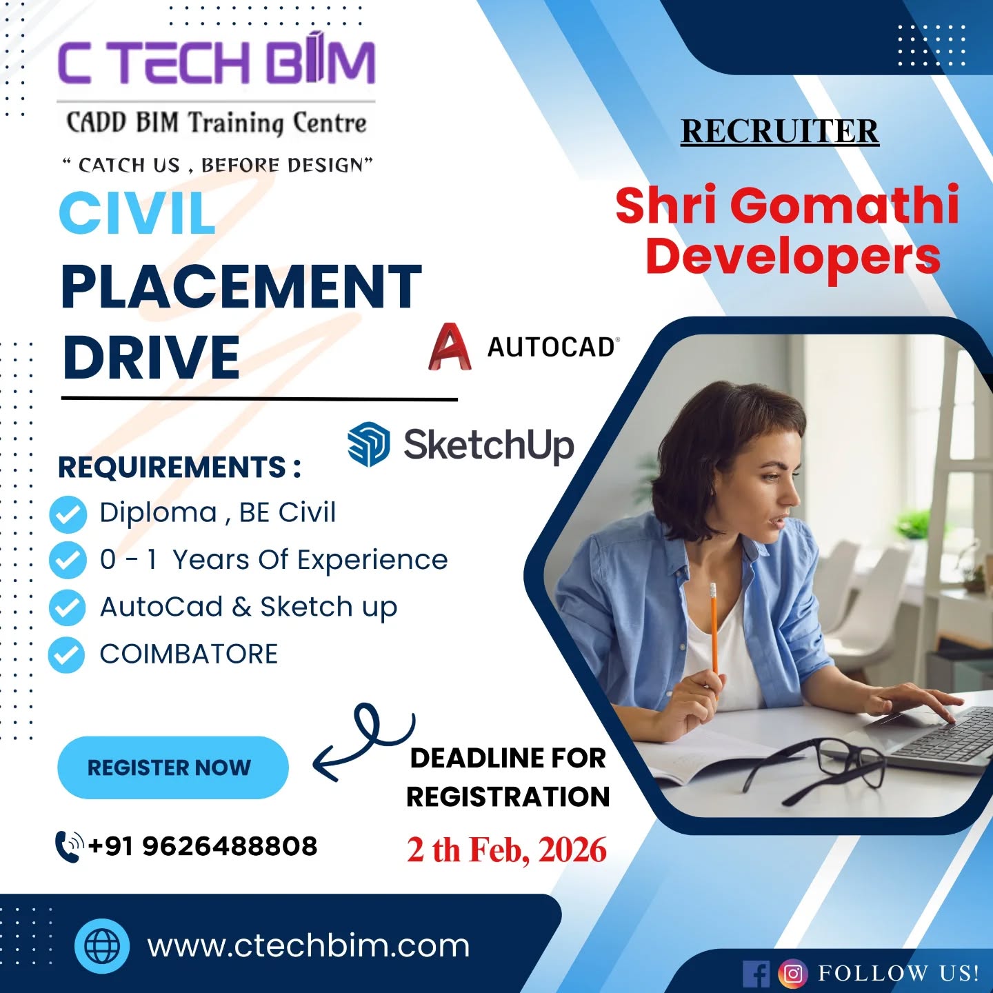 ๐ CIVIL PLACEMENT DRIVE โ Coimbatore
Get placed with Shri Gomathi Developers through CTECH BIM โ CADD BIM Training Centre ๐๏ธ
๐น Eligibility: Diploma / BE Civil
๐น Experience: 0โ1 Year
๐น Skills Required: AutoCAD, SketchUp
๐น Location: Coimbatore
โฐ Registration Deadline: 2nd Feb 2026
๐ Limited seats available. Register now and step into your civil career!
๐ Contact: +91 96264 88808
๐ www.ctechbim.com
#CivilPlacement #PlacementDrive #CivilJobs #AutoCAD #SketchUp FreshersJobs CTECHBIM CoimbatoreJobs CivilEngineering