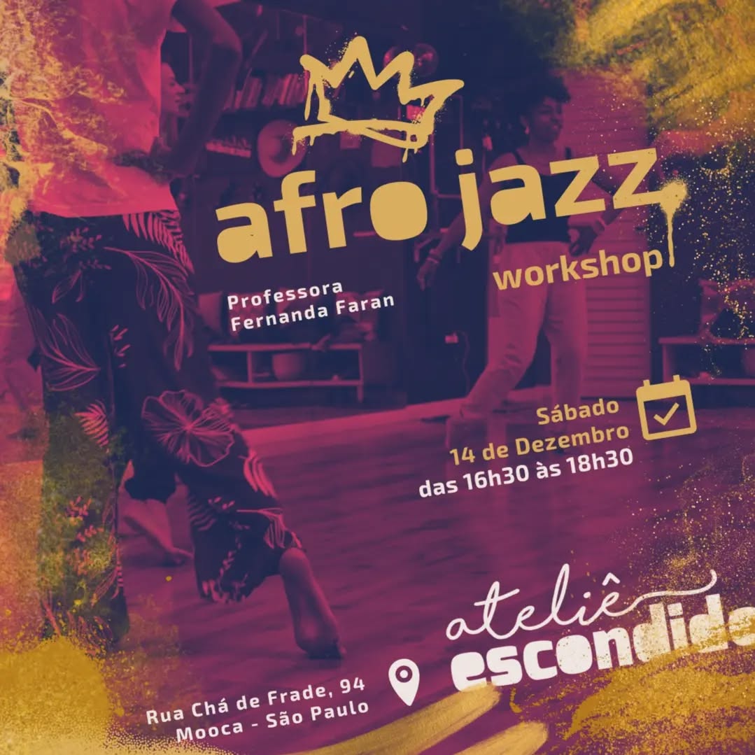 😁👍
Oi gente!!!
Olá!
No último workshop, em setembro, a @fernanda_faran apresentou uma proposta com base na percepção da musicalidade negra e considerando um público sem experiência profissional com dança.
🫂
O encontro funcionou muito para pessoas (no dia, foram mulheres) que buscavam ficar mais a vontade com seu próprio movimento.
👣
Como a Fernanda tem experiência com dança tanto para o Teatro e quanto para comerciais, ela organiza propostas, jogos e dispositivos variados para motivar a dança, ora de forma coral, ora de forma improvisada.
🎧
A playlist dela que passa por muita Soul Music, Rap e música brasileira.
🎉
Evento:
Workshop de Afro Jazz
🧒🏾
Professora:
Fernanda Faran
🗓️ 🕓
Data e horario:
Sábado, 14 de setembro
Daa 16h30 às 18h30
📍
Local e endereço:
Ateliê Escondido
Rua Chá de Frade, 94 - Mooca
ℹ️
Informações:
20 minutos à pé
do Metrô Belém
É fácil estacionar
nas imediações.
💰
Preço:
R$ 45 (pagando no dia no dinheiro, pix ou débito)
R$ 35 (pagando até dia 13/12 no pix)
Me chama aqui na DM ou no ZAP 11 95030-7324
☕️
Rola um cafezinho depois!
👋
Até lá!
💬
Descrição da imagem:
Imagem de fundo em tons de roxo e rosa. Ao lado direito está a professora Fernanda, uma mulher negra com cabelo Black Power fazendo uma um movimento de dança. Ela sorri. Do lado esquerdo aparece apenas as pernas de uma outra mulher. Ela usa uma calça estampada e florida e está descalça. Ambas estão em uma sala de dança com piso de madeira e espelho.
Sobre esta imagem aparecem as informações do evento, em letras douradas e brancas. Na borda da imagem, contornando as letras, existem manchas douradas de tinta.
No rodapé, está o endereço e a marca do Ateliê Escondido, cuja letra "o" aparece cortada pela lateral da imagem.