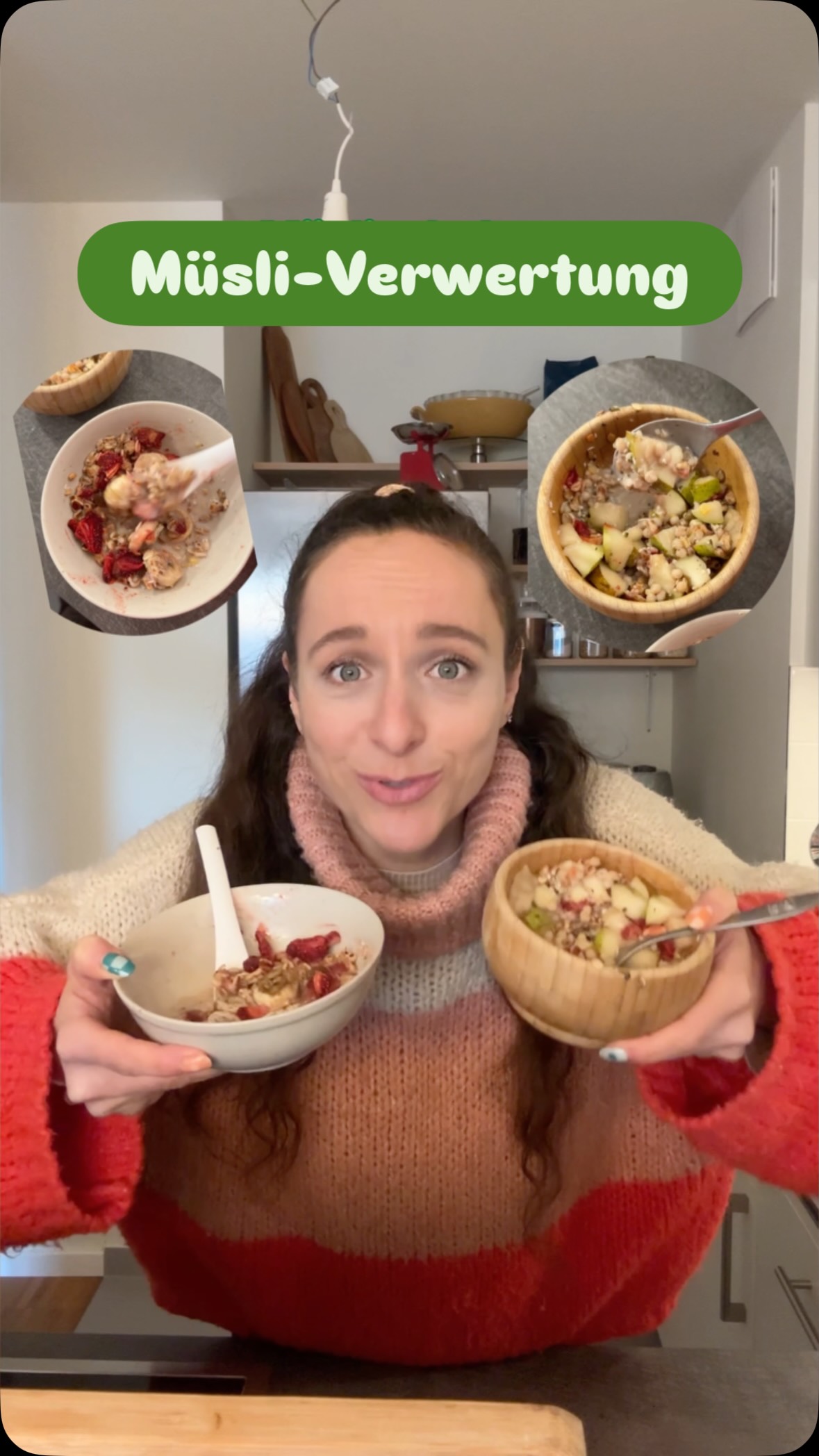 Wollt ihr die andere Verwertungs-Idee auch noch sehen? 🥣
(Müsli-Reste wird es garantiert wieder geben 👀😅)
Bei aufgequollenen Müsli-Resten ist es selbst bei mir vorbei 🫢, das kann ich nur frisch aufessen. Zum Glück gibst für ALLES ne Verwertung! 💡
Im Müsli waren übrigens echt viele Zuataten (Müslimix, Obst, Hanfsamen, Sojapops, Dinkelpops…), aber durchs pürieren schmeckt es am Ende einfach wie ein leckerer Milchshake. Also probiert es doch einfach mal aus! 🥤😊
Welche Zutaten bleiben bei euch regelmäßig über? Soll ich mir eine Verwertung überlegen? 😊
P.s.: jetzt brauche ich nur noch eine Rettung für meine launische Küchenmaschine 😩🙄