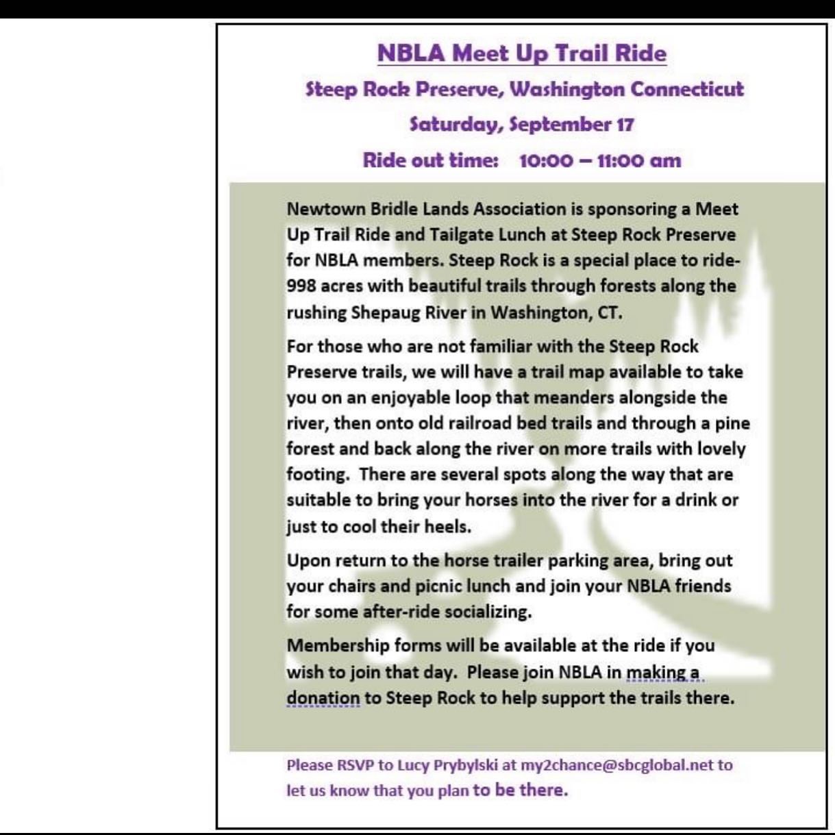 Come ride with us! September 17th at Steeprock. Nothing like riding some beautiful trails with new friends—and old!
#trailriding #lastbitofsummer #fairfieldcountyequestrians #newtownct #NBLA #PreserveOpenSpace