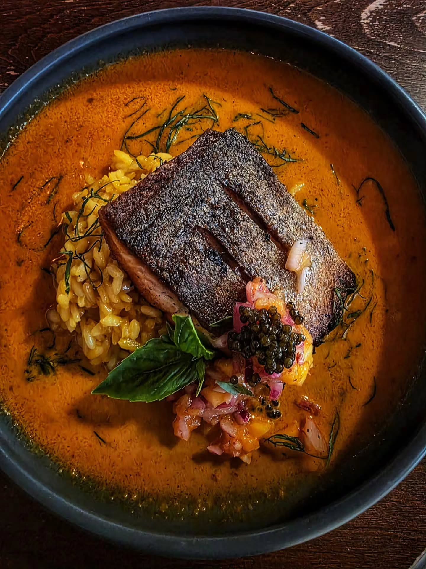 TROUT | fennel rubbed trout, saffron risotto, lobster bisque, pickled peach relish, Kaluga caviar, basil