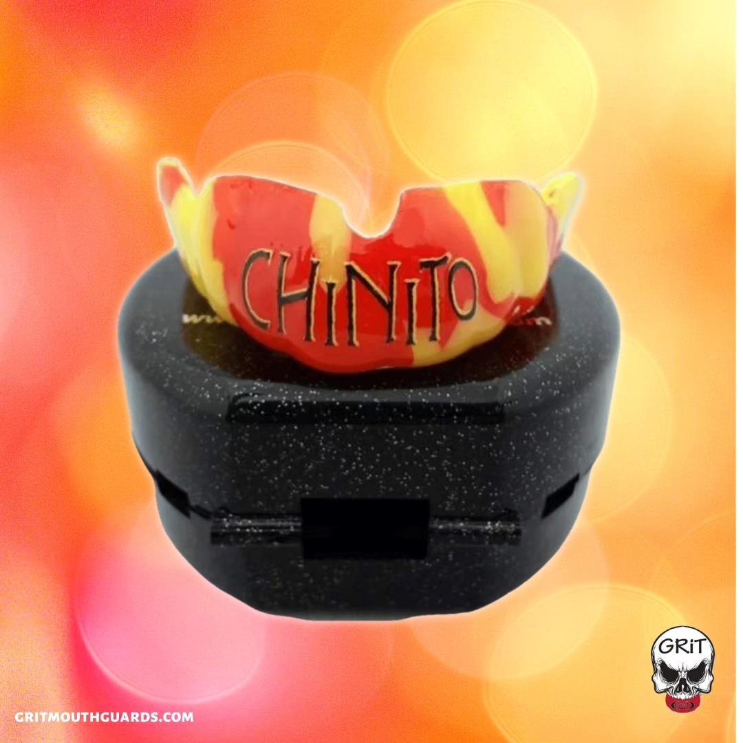 Chinito custom mouthguard. Orange and yellow camouflage design with CHINITO written across the front.
www.gritmouthguards.com
#gritmouthguards #mouthguards #chinito