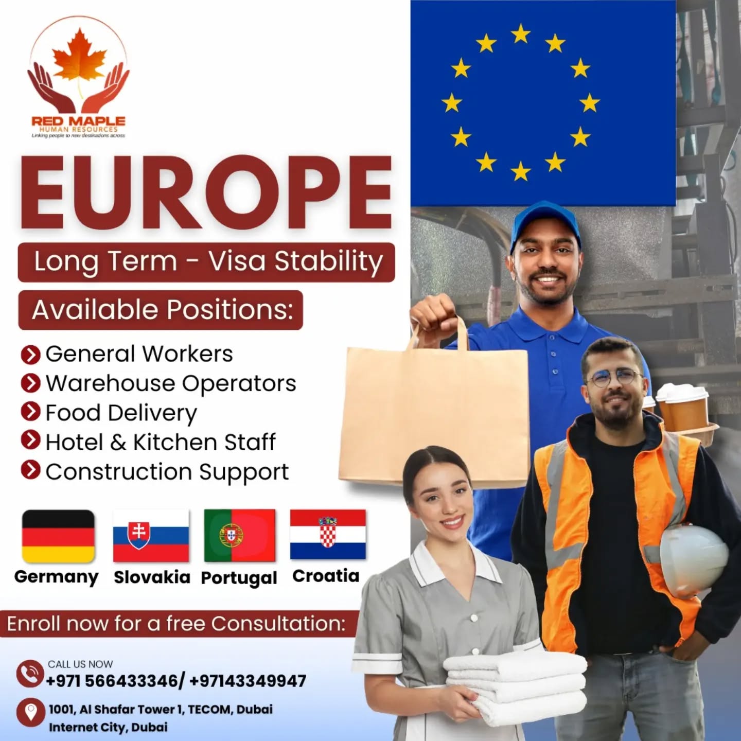 🌍 *EUROPE LONG-TERM OPPORTUNITIES – BUILD A STABLE FUTURE 🇪🇺*
Looking for visa stability and long-term career growth in Europe?
Now hiring across Germany, Slovakia, Portugal & Croatia with strong demand and reliable employers.
*💼 Available Positions:*
✔ General Workers
✔ Warehouse Operators
✔ Food Delivery Staff
✔ Hotel & Kitchen Staff
✔ Construction Support
✨ Secure work, steady income, and a better lifestyle in Europe with expert guidance from start to finish.
📩 Enroll now for a FREE consultation and take the first step toward your European career!
#workineurope #europejobs #longtermvisa #germanyjobs #slovakiajobs