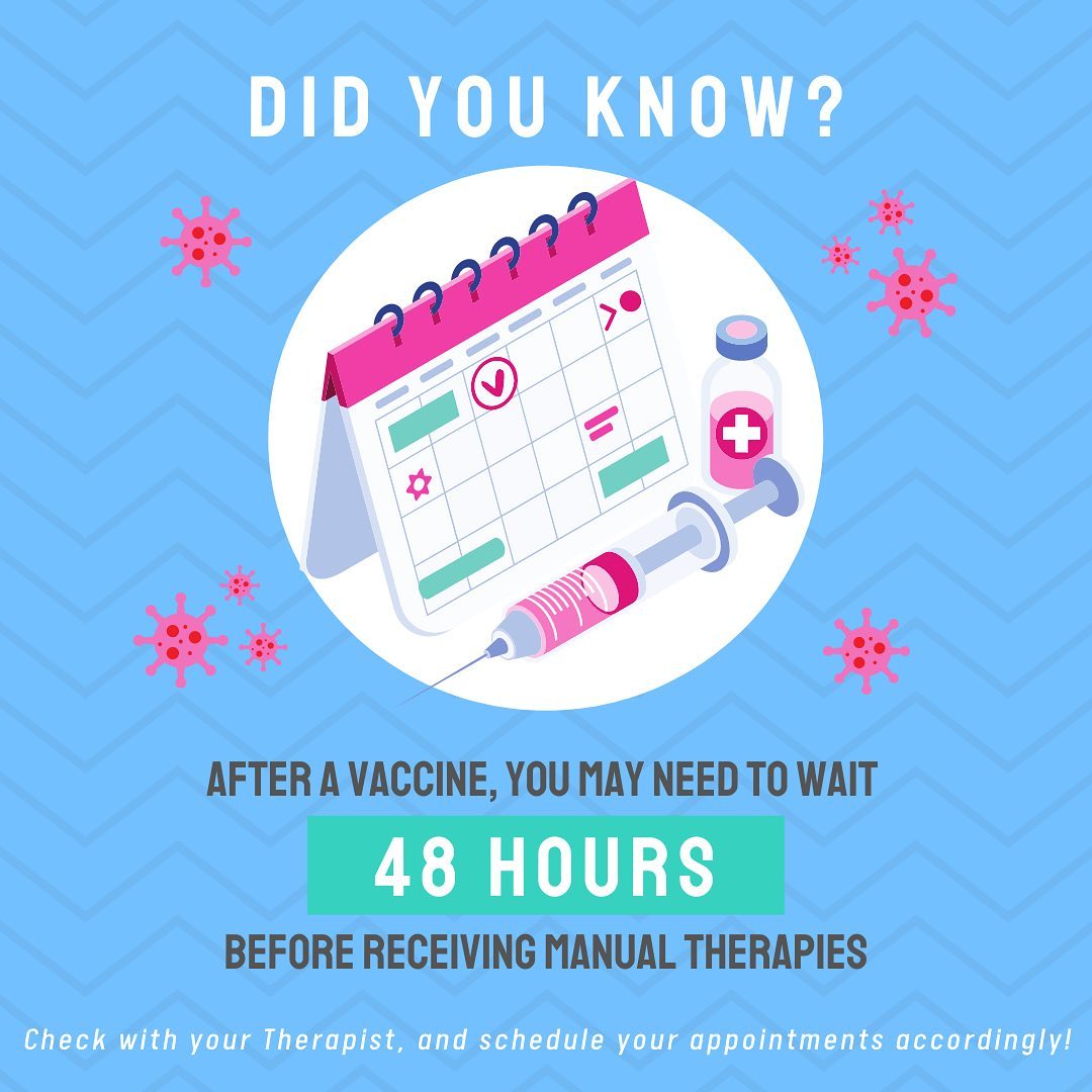 Did you know your flu or booster shot may mean avoiding Massage or Manual Osteopathy for at least 48hrs? 💉🦠⏰
Most vaccines require Therapists locally avoid the injection site for two days, and many Associations recommend completely avoiding treatment for a short period following the COVID-19 vaccine.
Protect yourself AND get the most from your treatment - make sure your appointments are booked accordingly, and reach out to your Therapist if you’re unsure!
#themoreyouknow #protectyourself #protectyourlovedones #localcontraindication #totalcontraindication #clientcare #radicalwellness